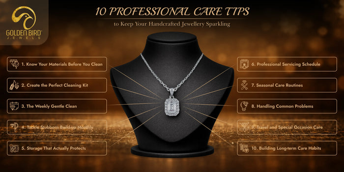 Luxury handcrafted diamond necklace displayed with jewellery care and maintenance tips