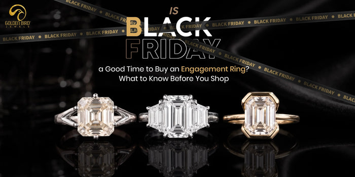 Black Friday shopping guide showcasing emerald-cut engagement rings in white and yellow gold settings