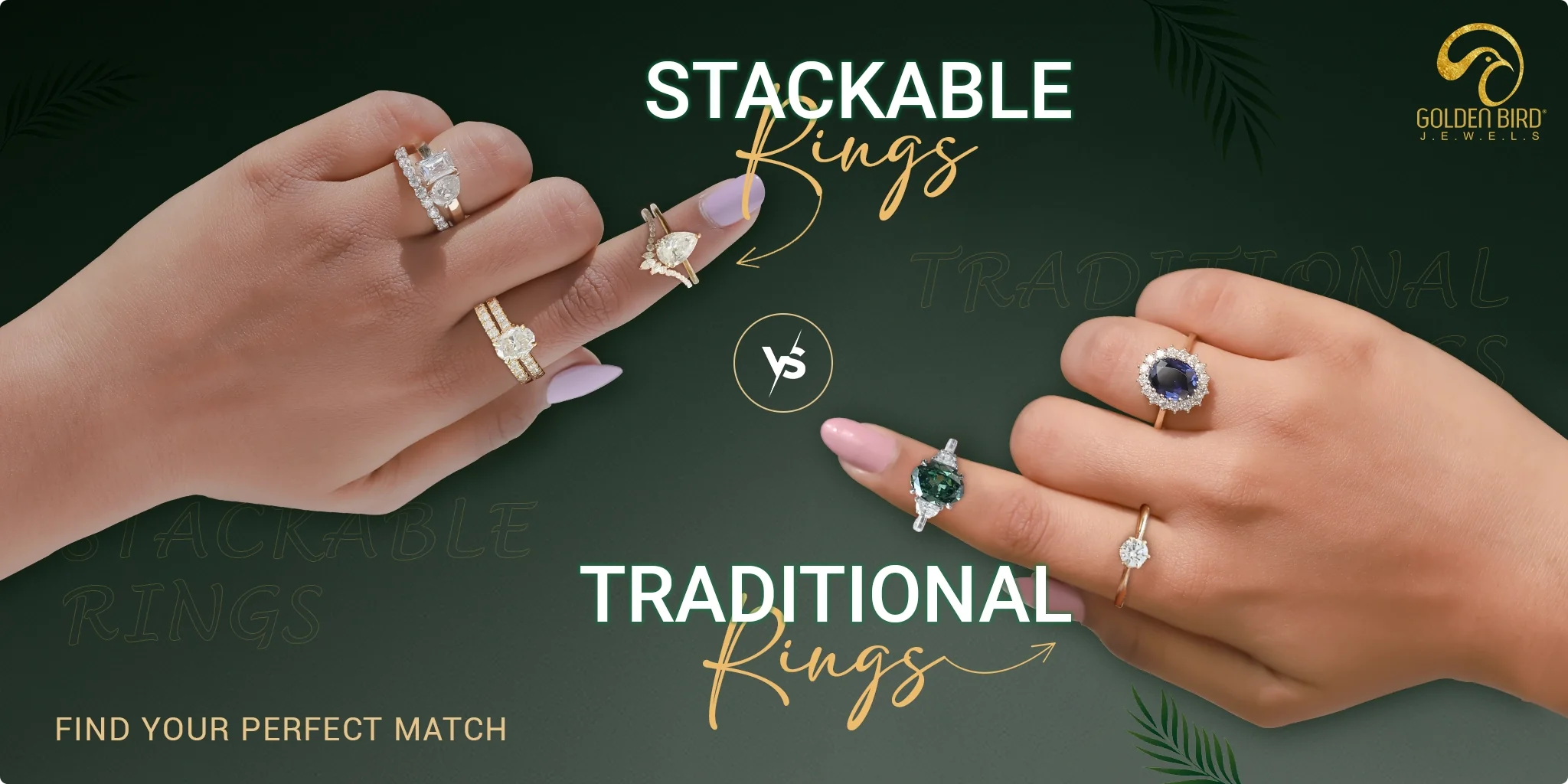 Stackable rings and engagement rings being worn in the fingers of two diffrent hands, with black background for clear view