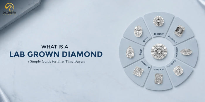 Lab grown diamonds in multiple cuts arranged around a round center stone for comparison