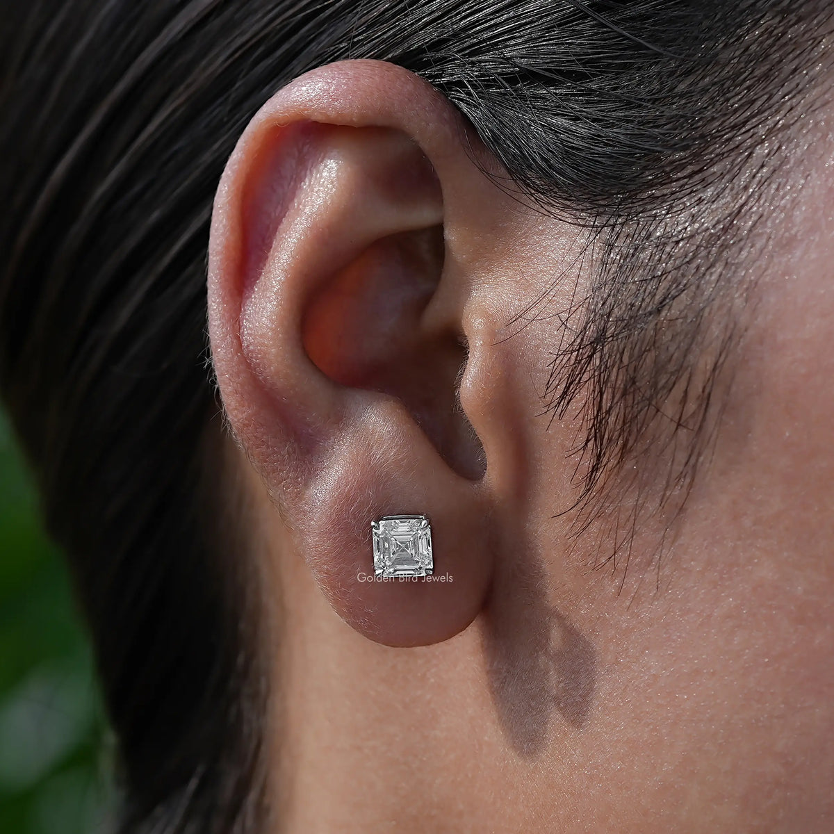 In Ear View Of diamond Stud Earrings in four prongs setting