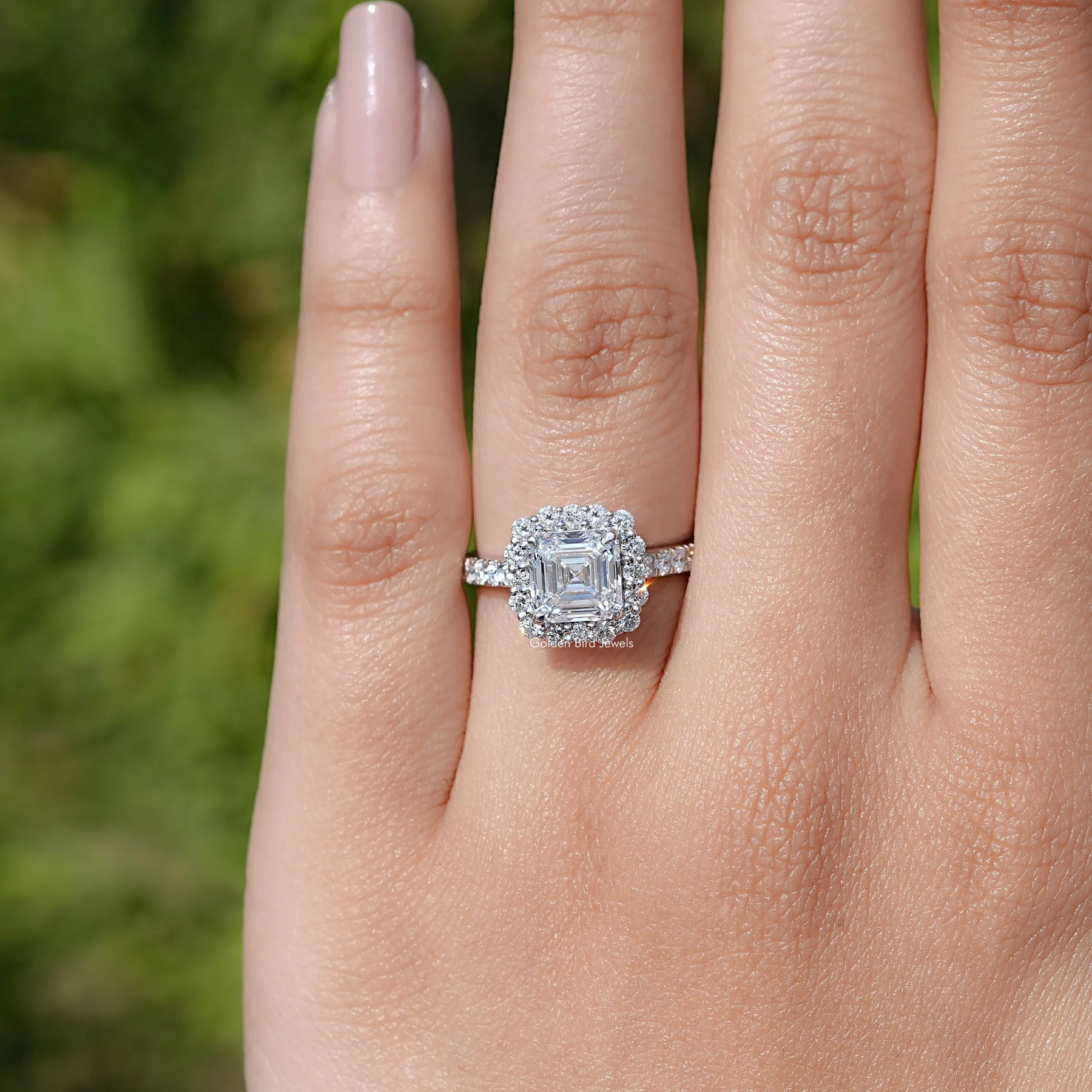 Asscher Cut Lab Diamond Accent Halo Wedding Ring