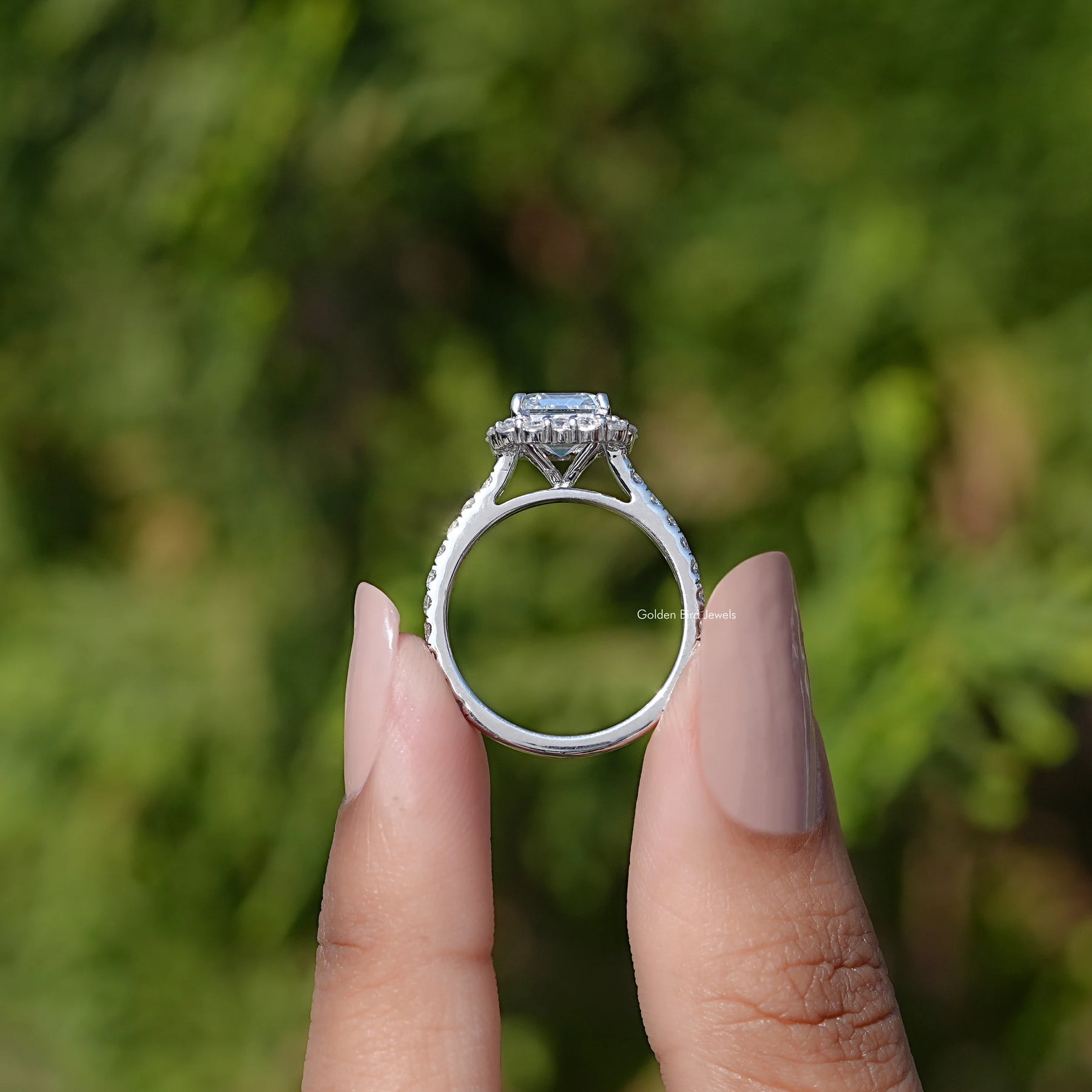 Asscher Cut Lab Diamond Accent Halo Wedding Ring
