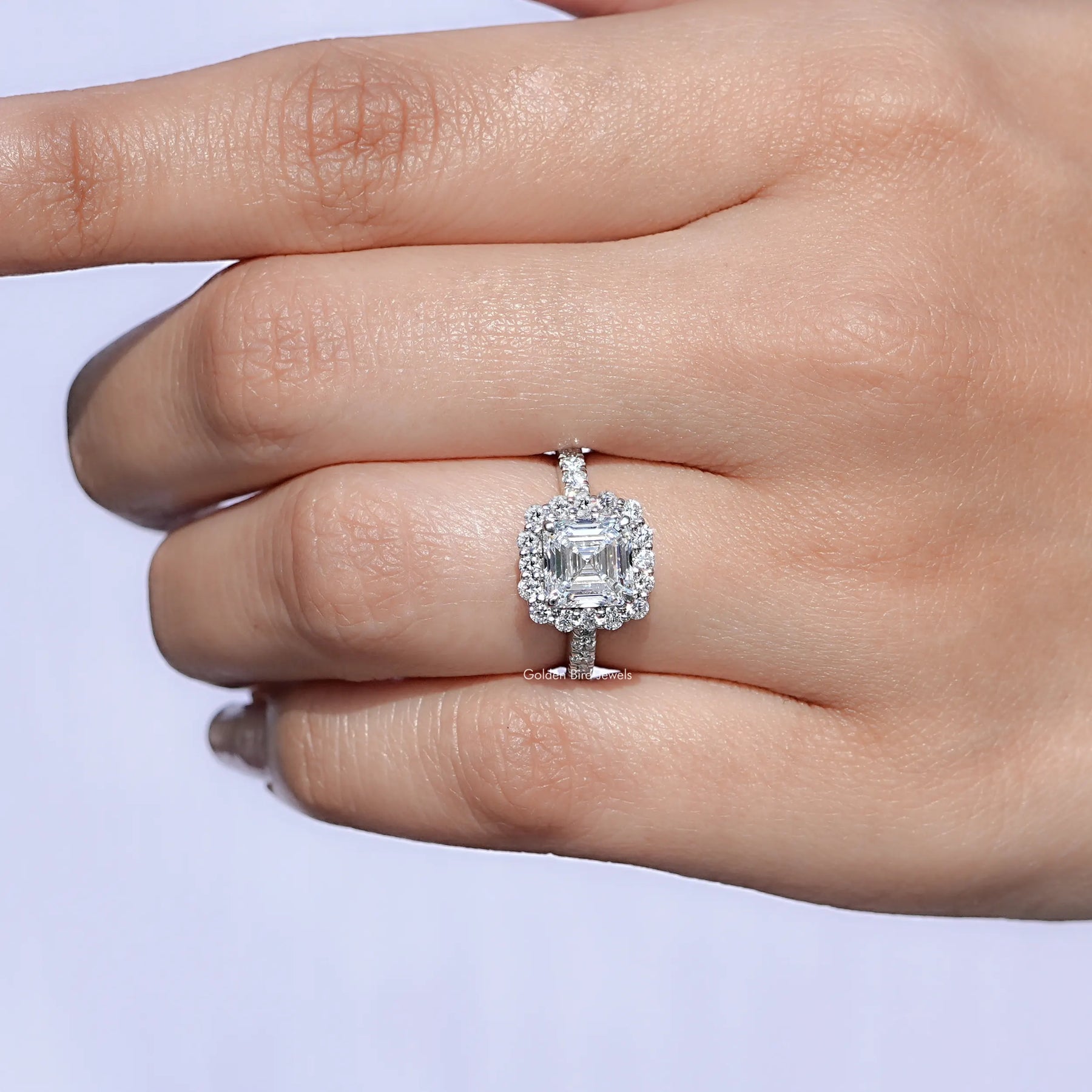Asscher Cut Lab Diamond Accent Halo Wedding Ring