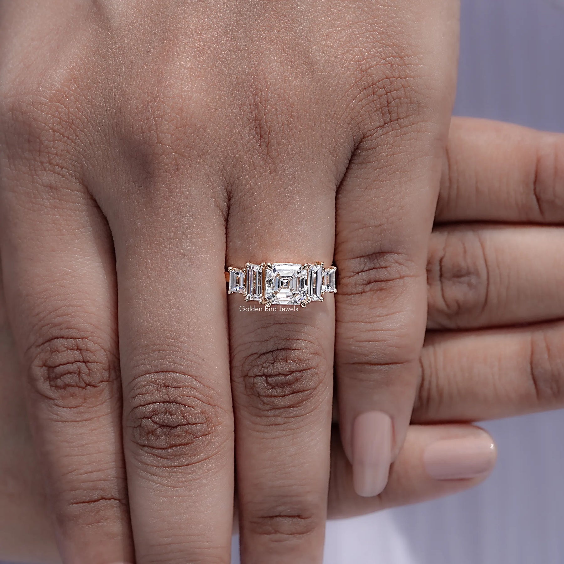 Display view of Asscher Cut Lab Stone Five Stone Ring