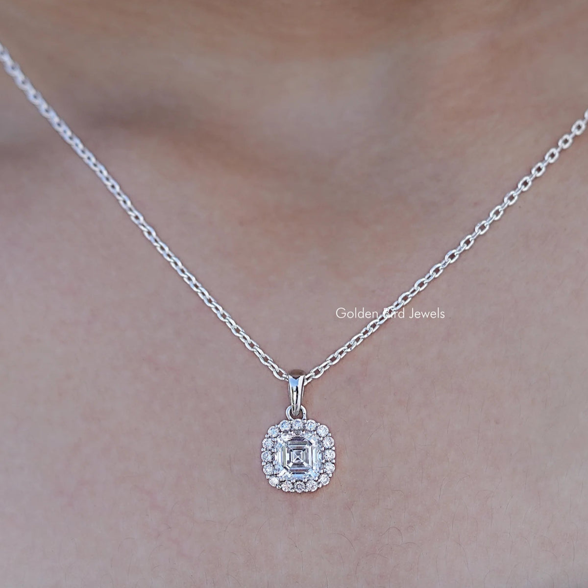Close up view of Square Old Mine Cushion Lab Diamond Halo Pendant