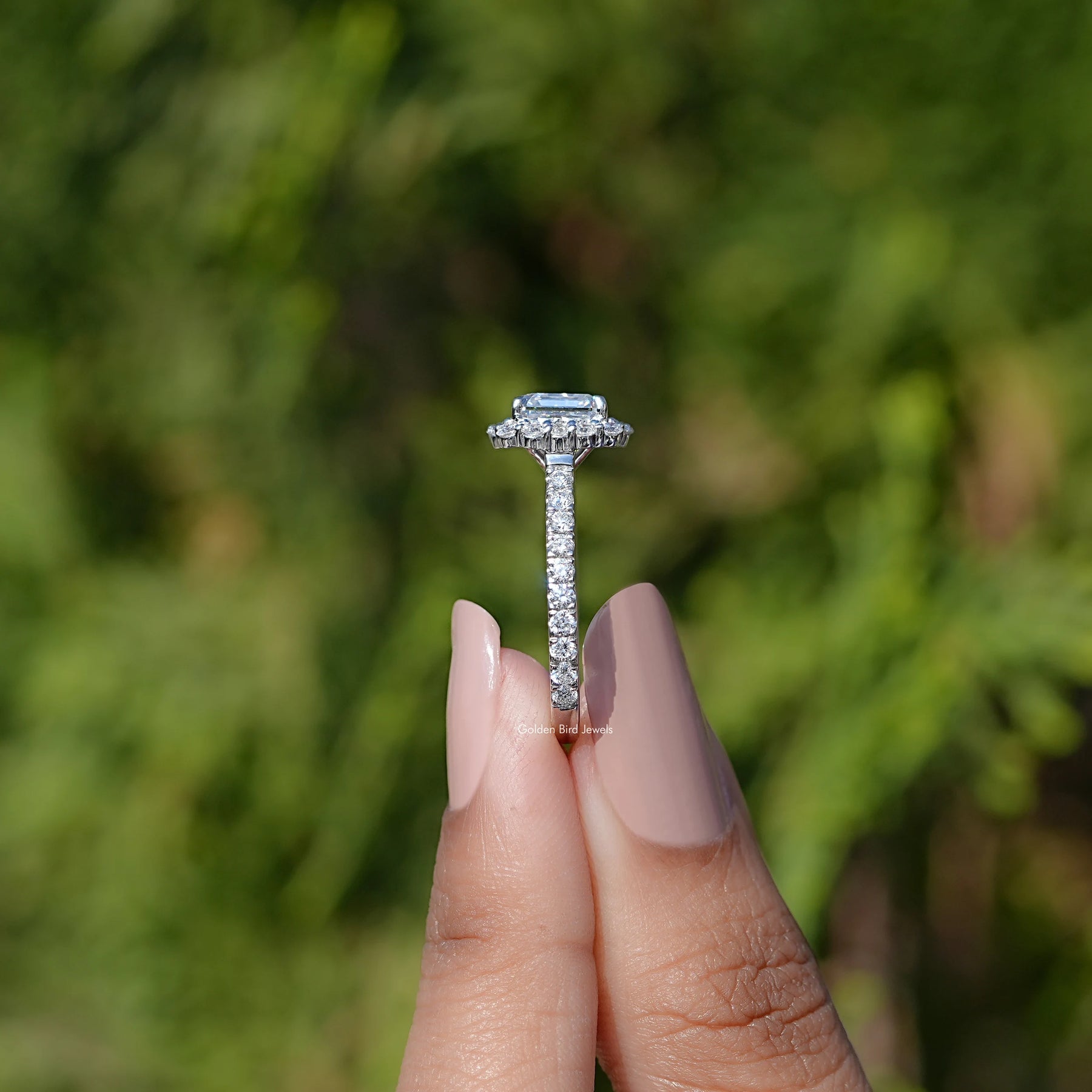 Asscher Cut Lab Diamond Accent Halo Wedding Ring