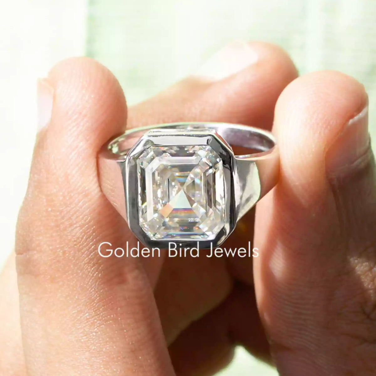 View of Asscher cut moissanite Men's bezel Ring
