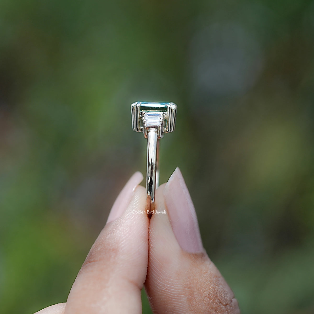 Side view of Asscher Cut Moissanite Five Stone Engagement Ring
