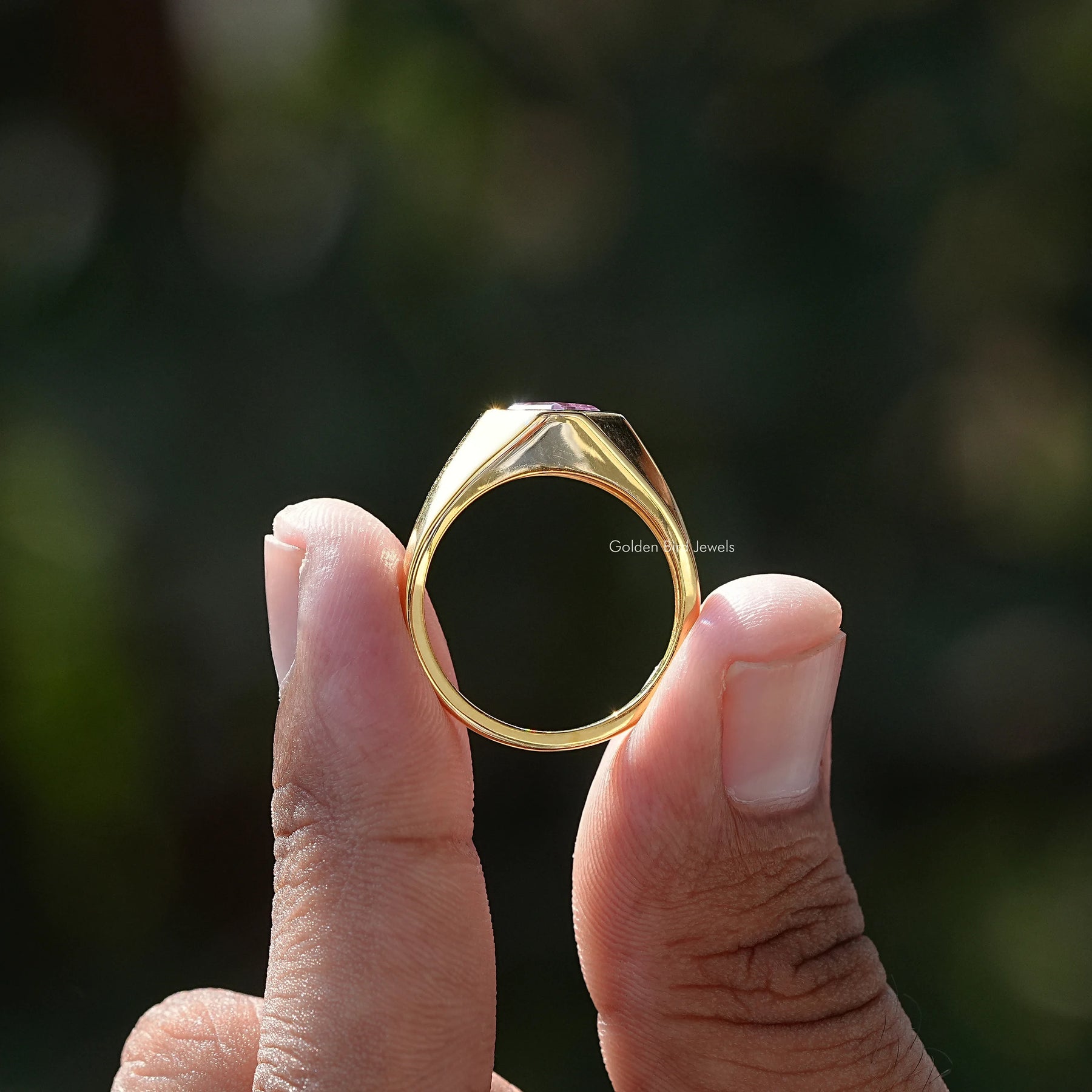 In Finger view of Purple Asscher cut moissanite halo Ring