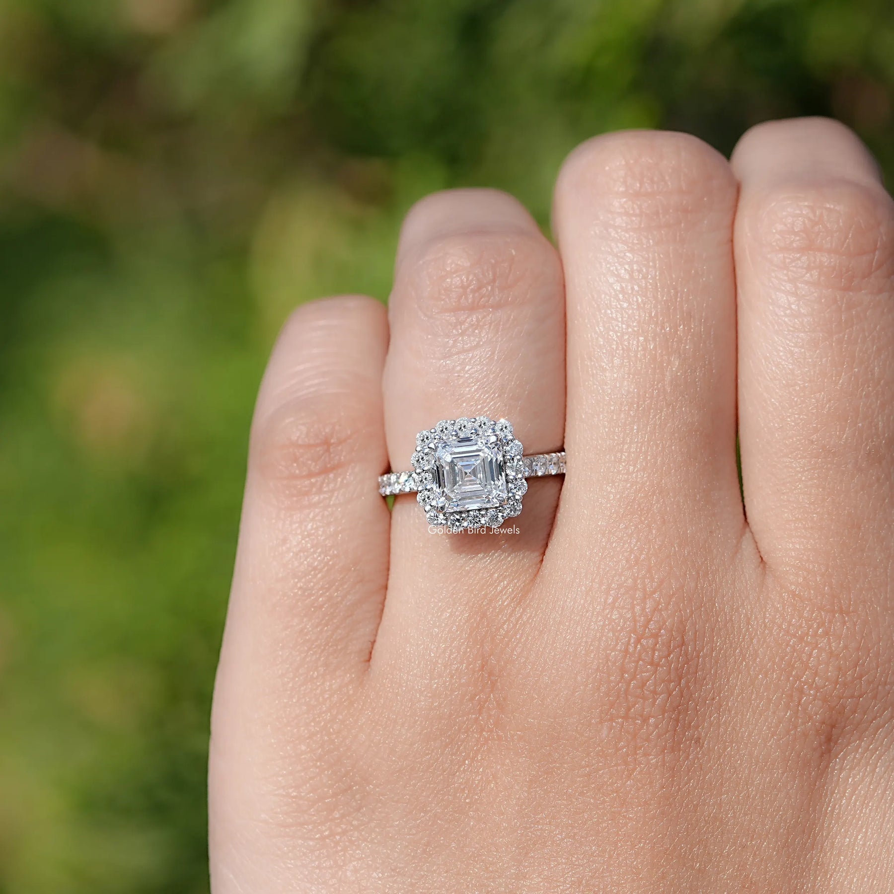 Asscher Cut Lab Diamond Accent Halo Wedding Ring
