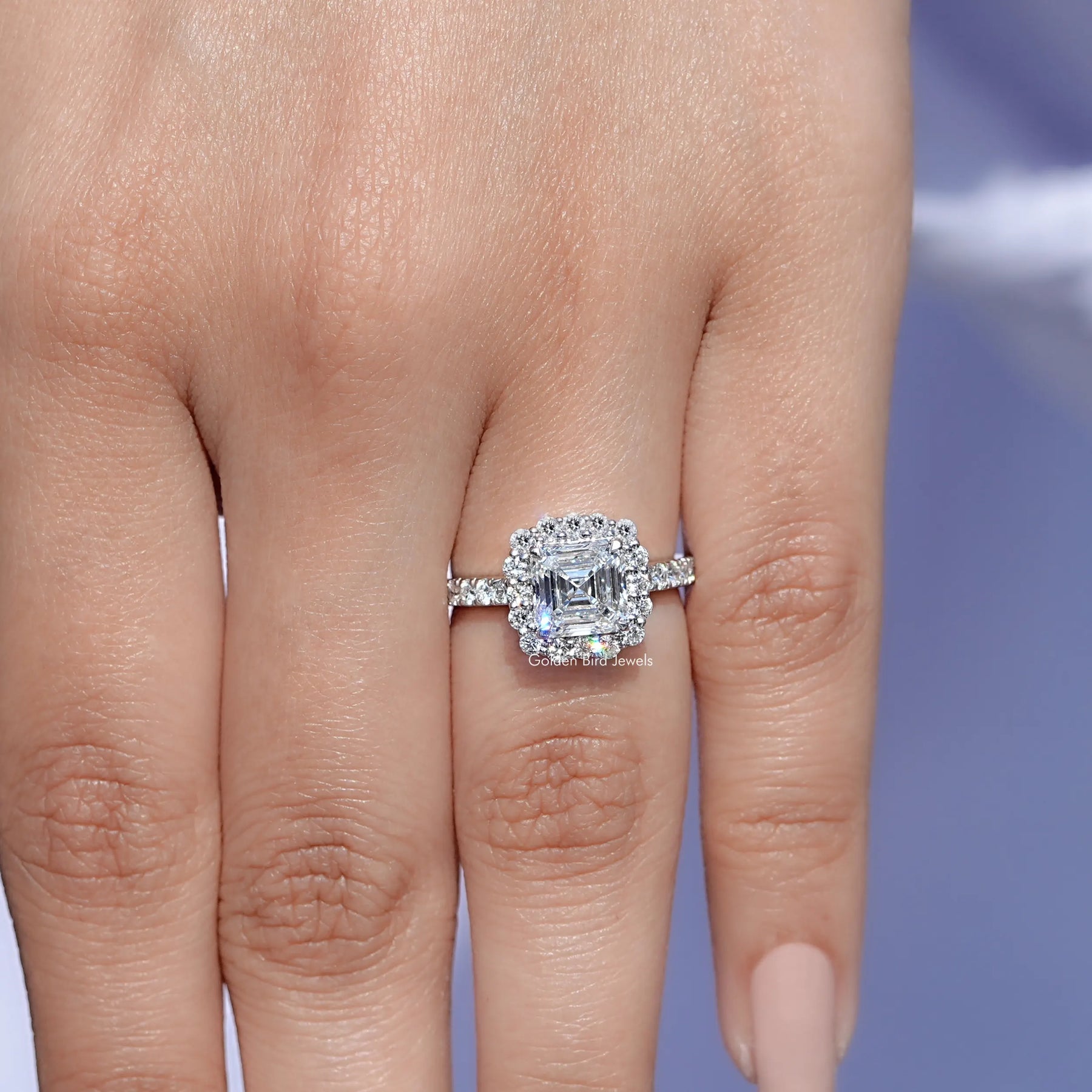 Asscher Cut Lab Diamond Accent Halo Wedding Ring