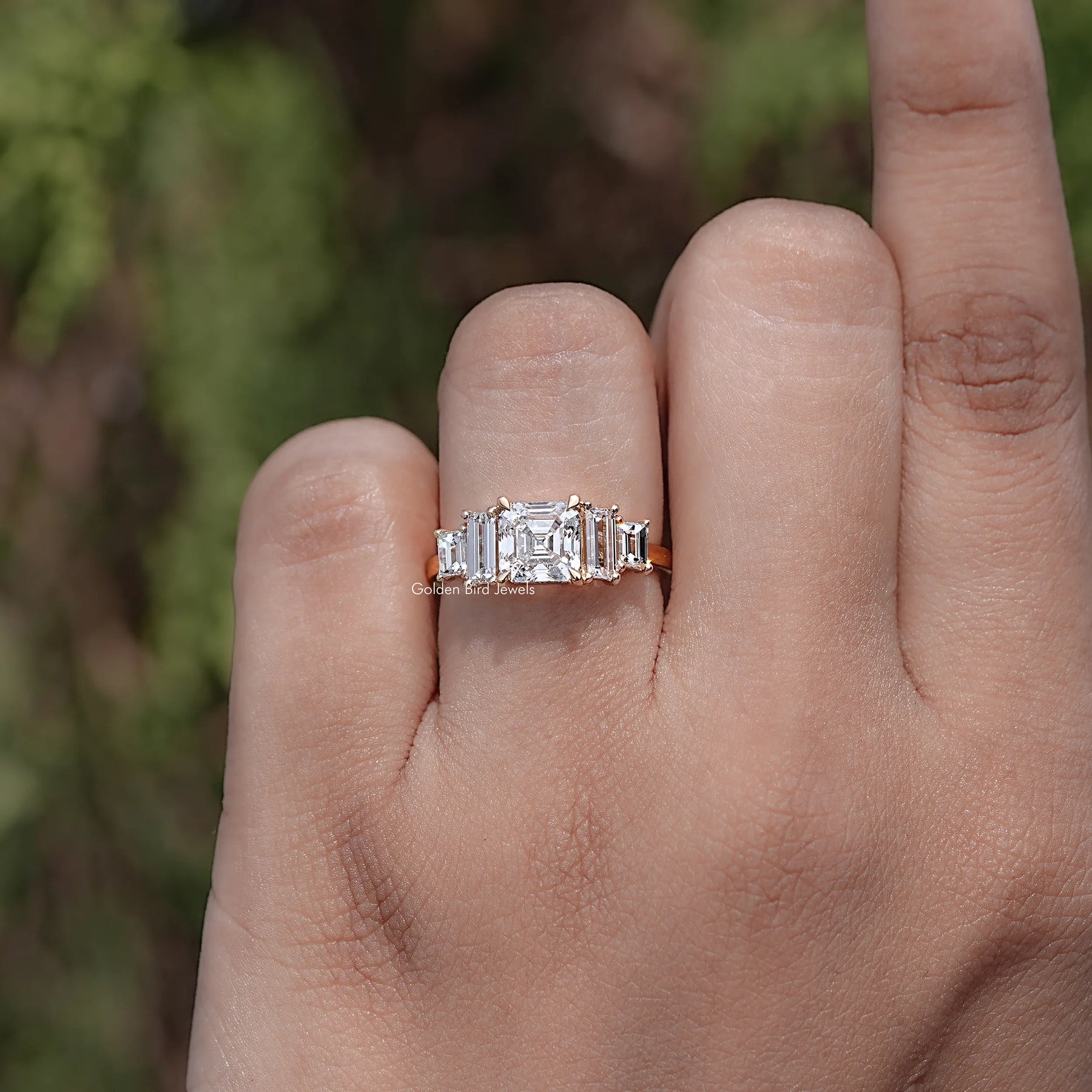 Front view of Asscher Cut Diamond Five Stone Engagement Ring