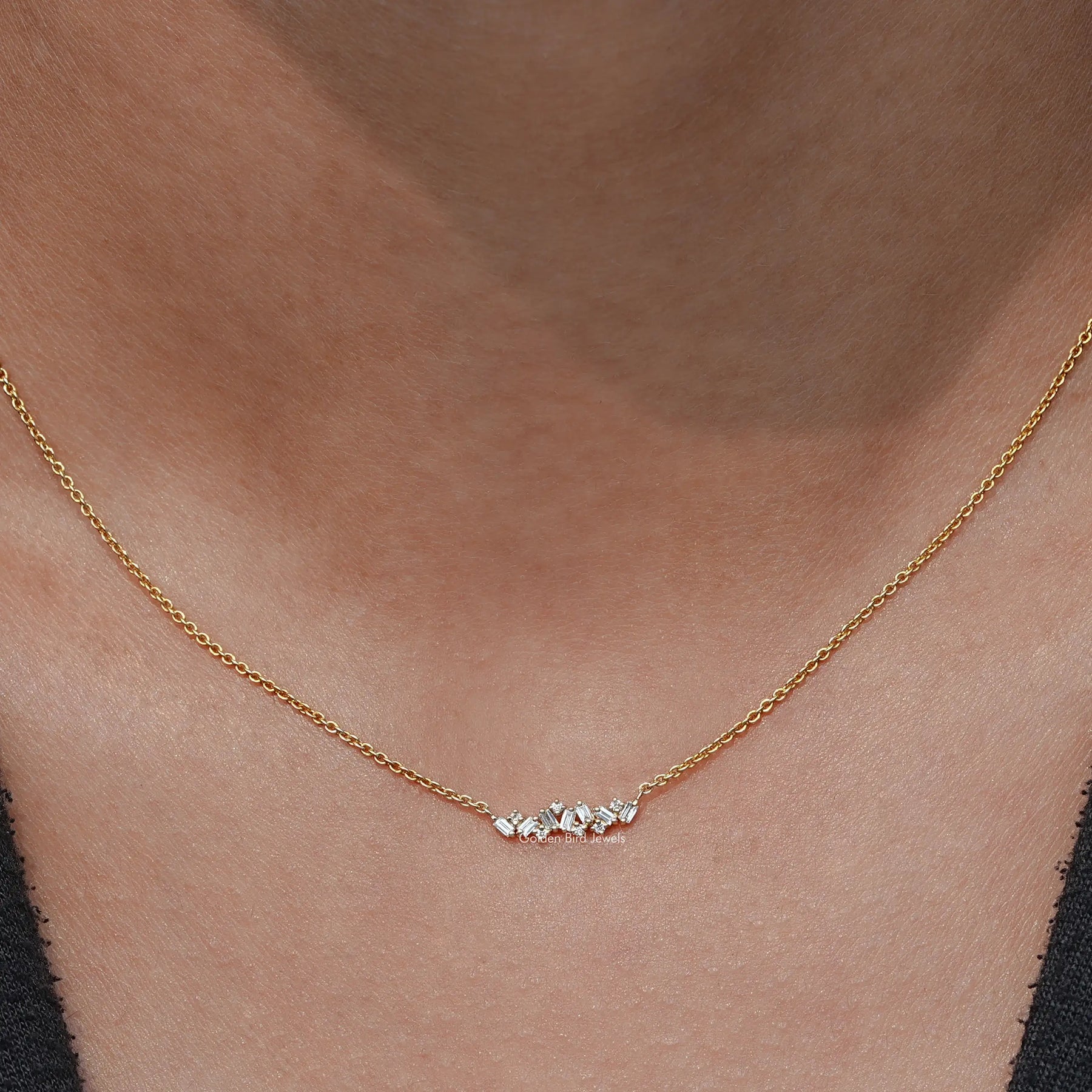 Front View Of Baguette Cut Lab Diamond Cluster Pendant In Yellow Gold