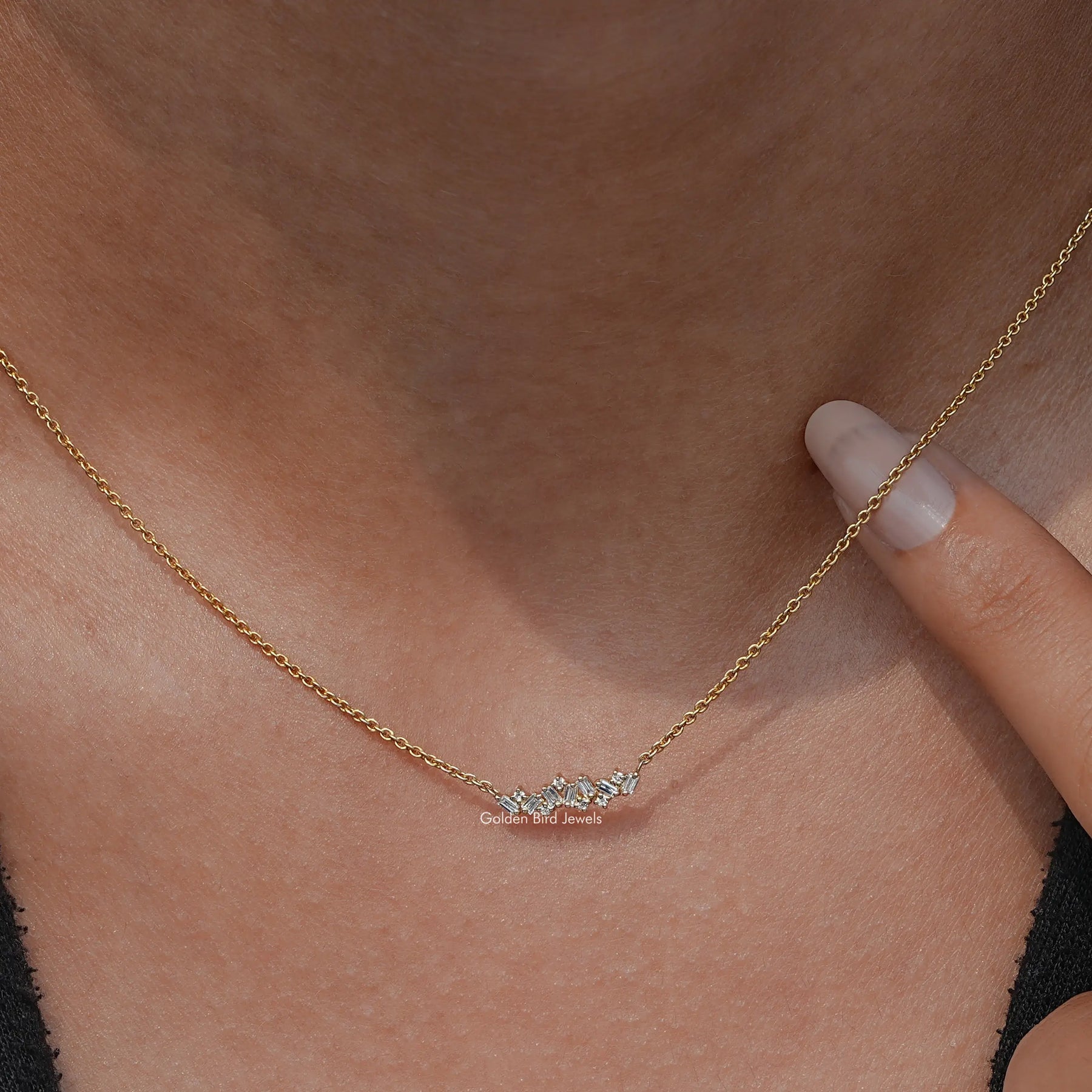 View of Baguette Cut Diamond Cluster Pendant In Yellow Gold