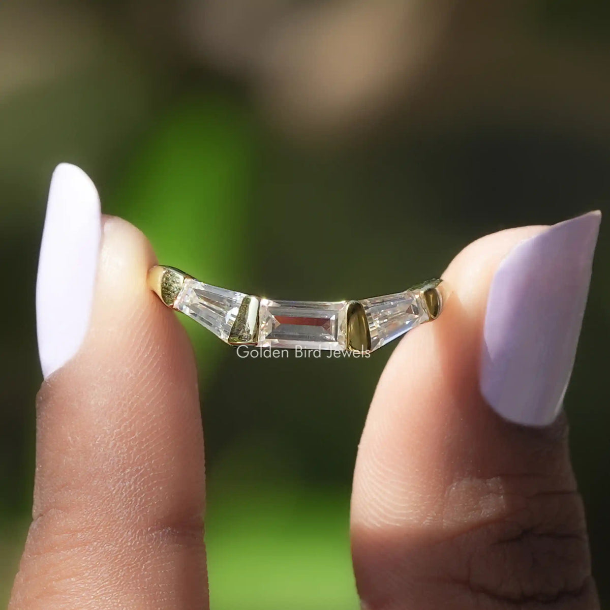 [Moissanite Baguette Cut Three Stone  Engagement Ring]-[Golden Bird Jewels]