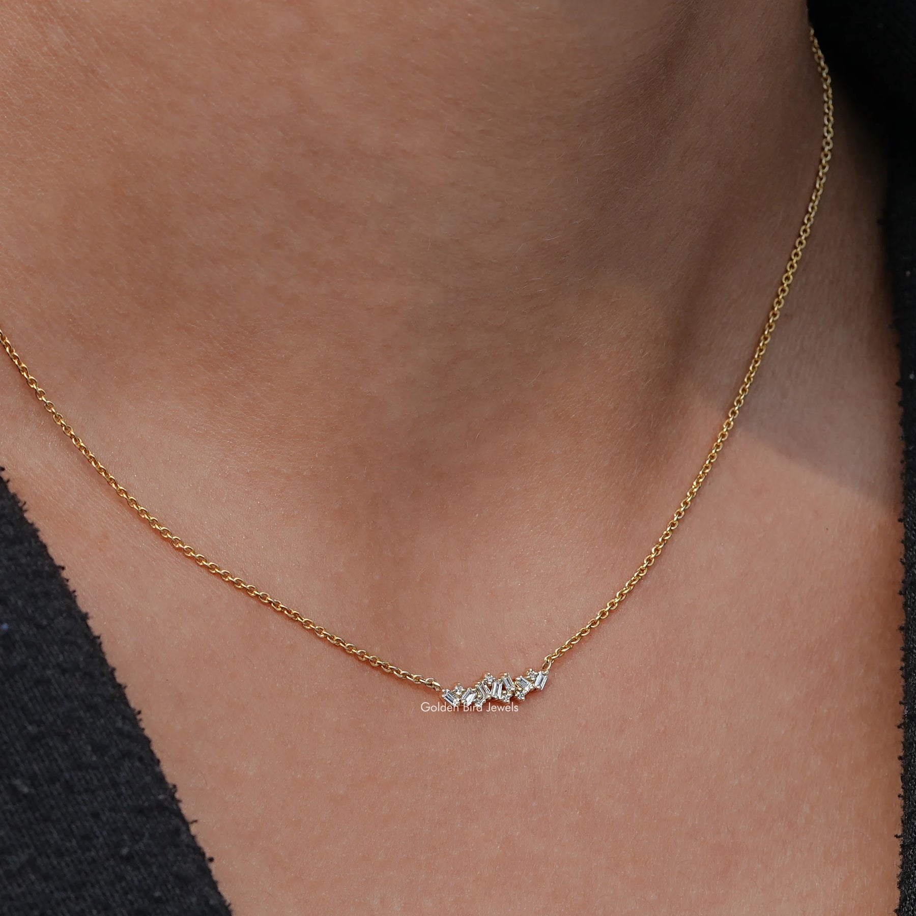 Detailed View Of Baguette Cut Lab Diamond Cluster Pendant In Yellow Gold