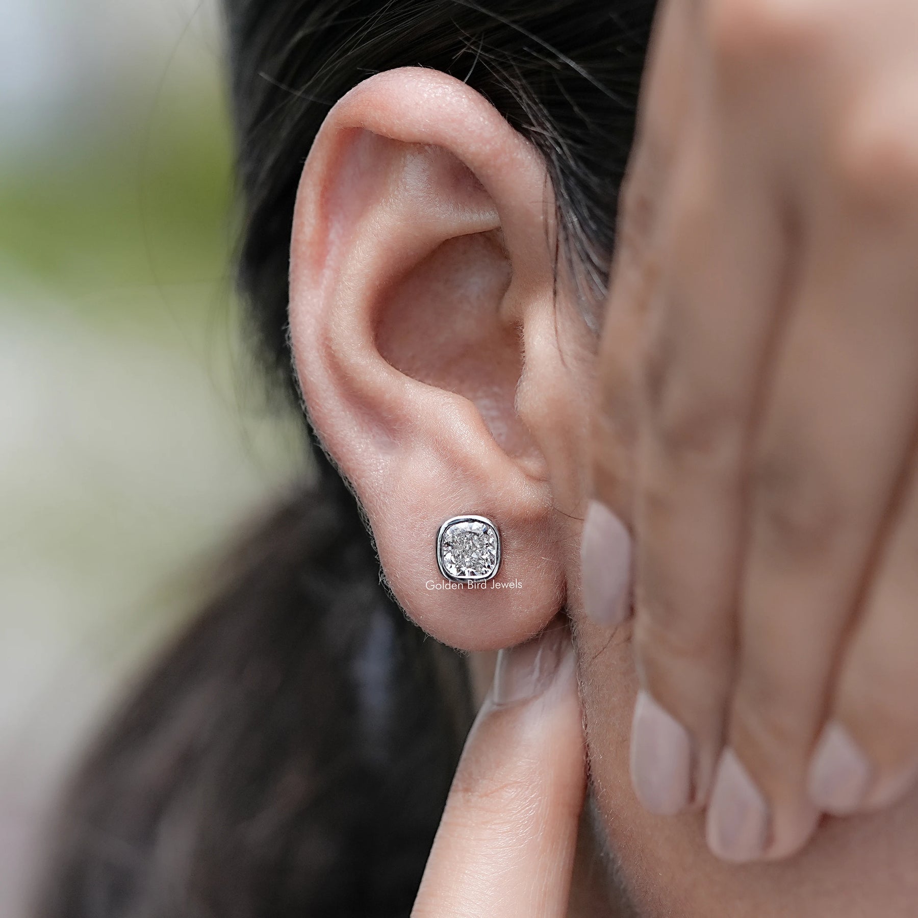 Cushion Cut Lab Diamond Bezel Set Stud Earrings