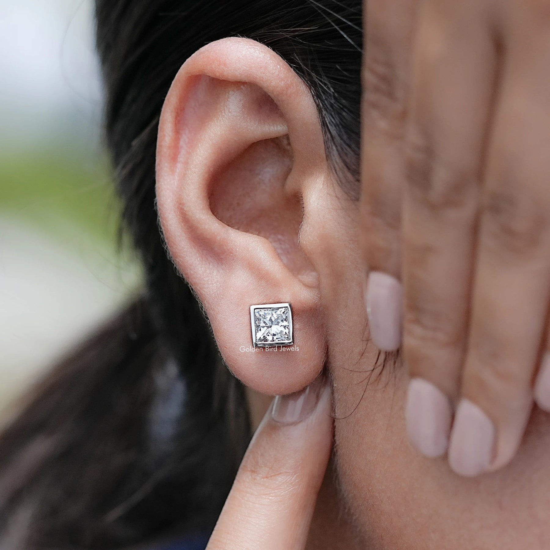 Bezel Set Princess Lab Diamond Stud Earrings