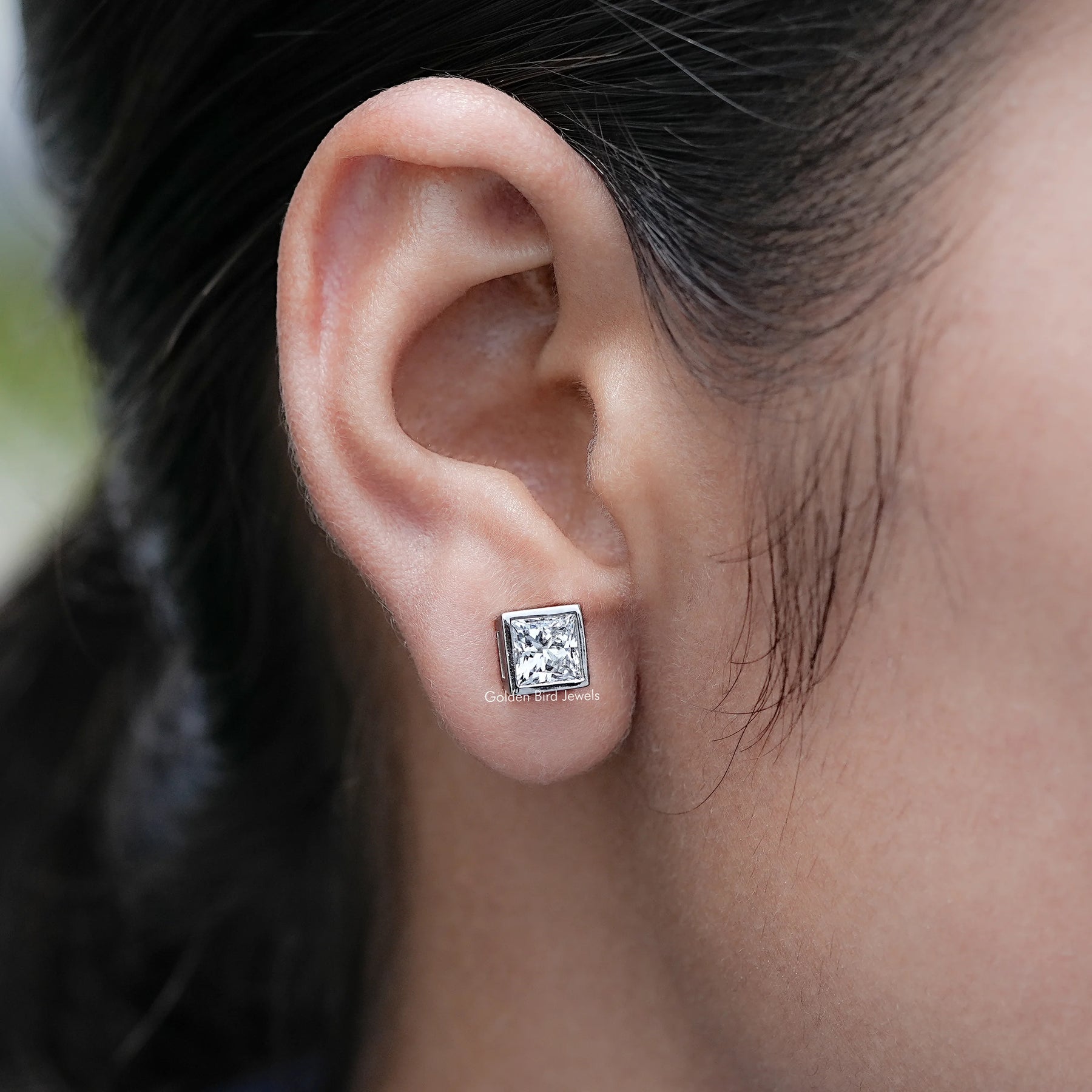 Bezel Set Princess Lab Diamond Stud Earrings