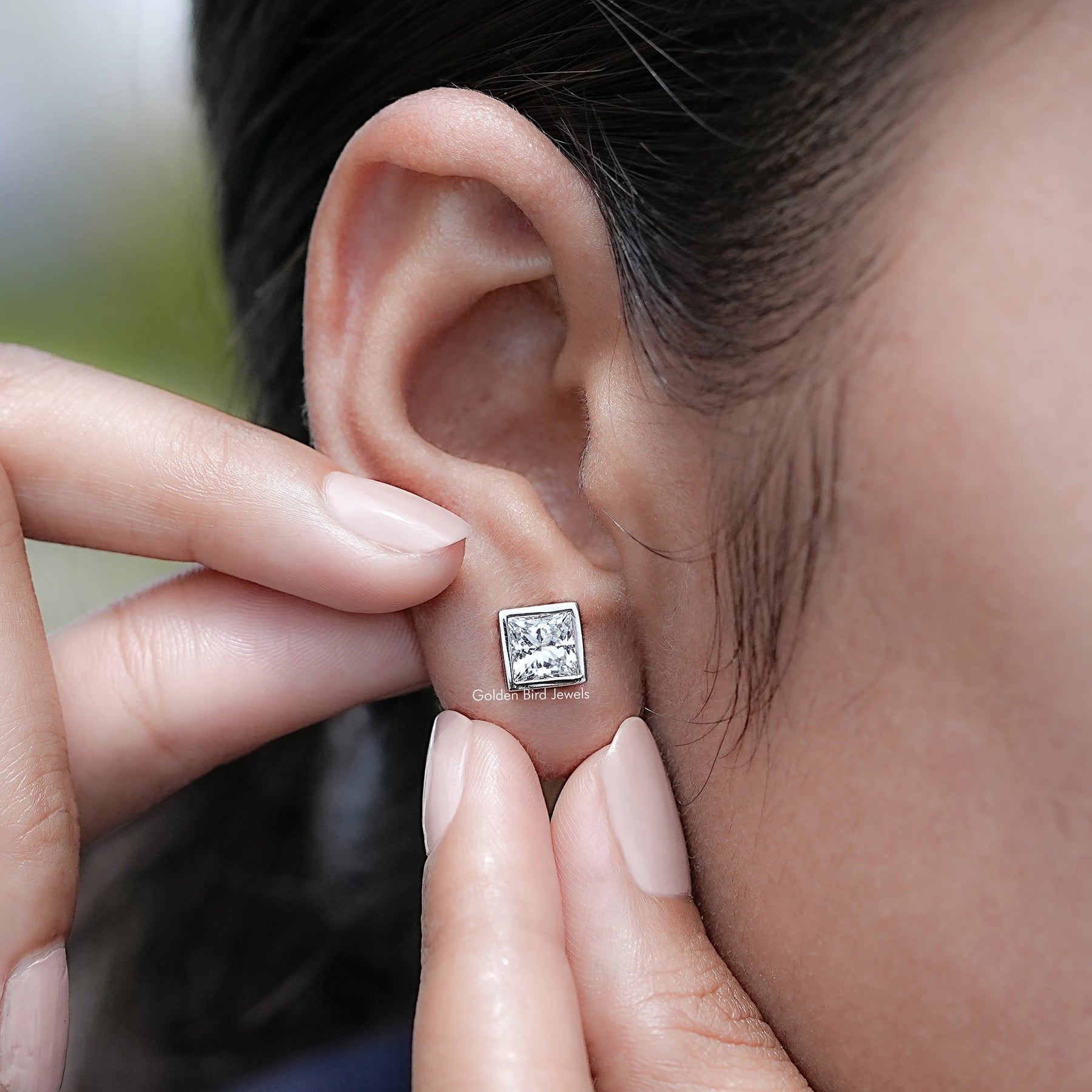 Bezel Set Princess Lab Diamond Stud Earrings