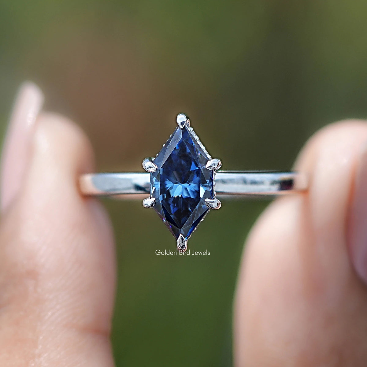 Front view of Blue Dutch Marquise Cut Moissanite Hidden Halo Ring