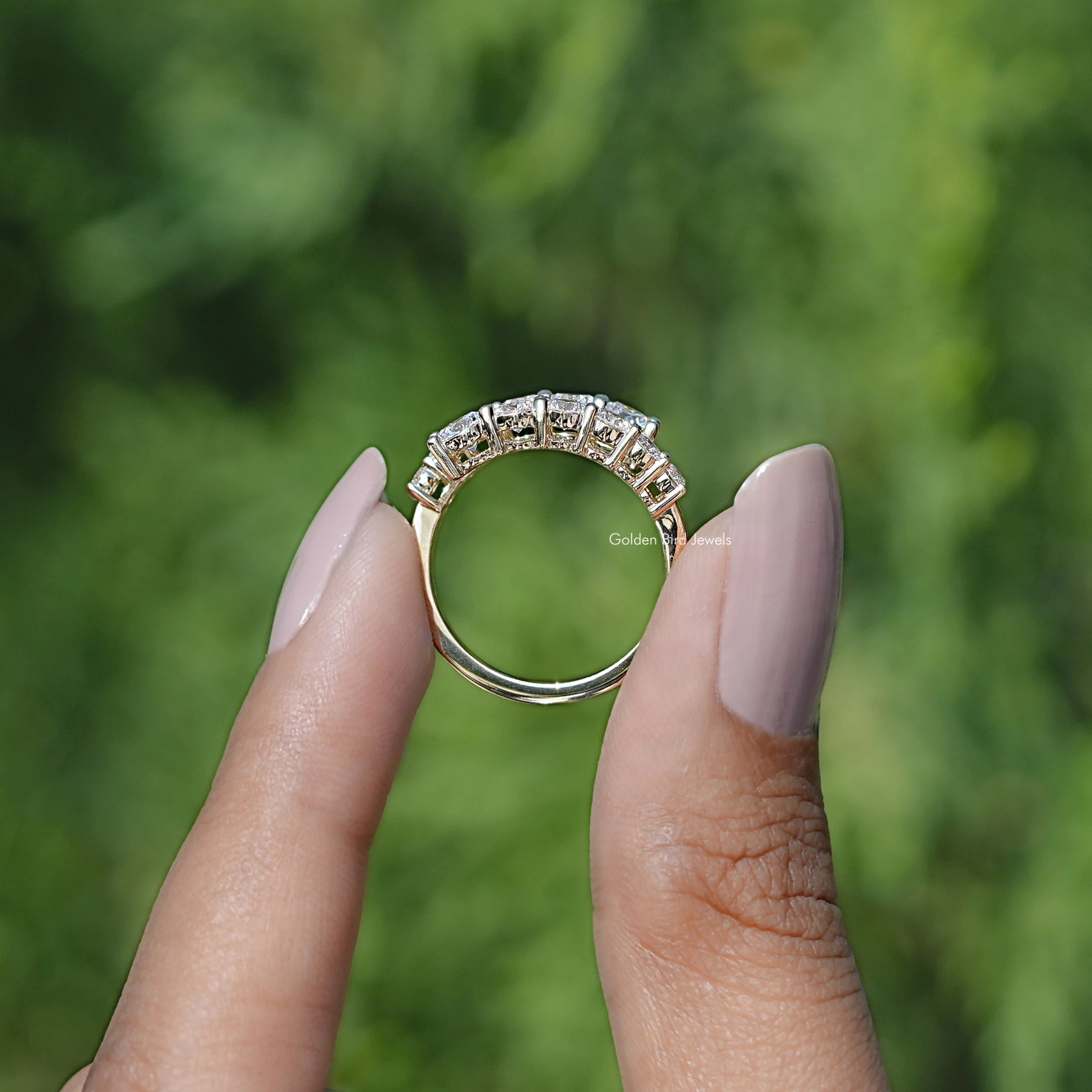 Back view of Lab Diamond Bypass Wedding Band in secure setting
