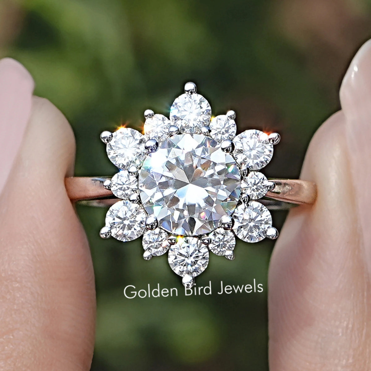 Front view of Round Cut Moissanite Halo Engagement Ring