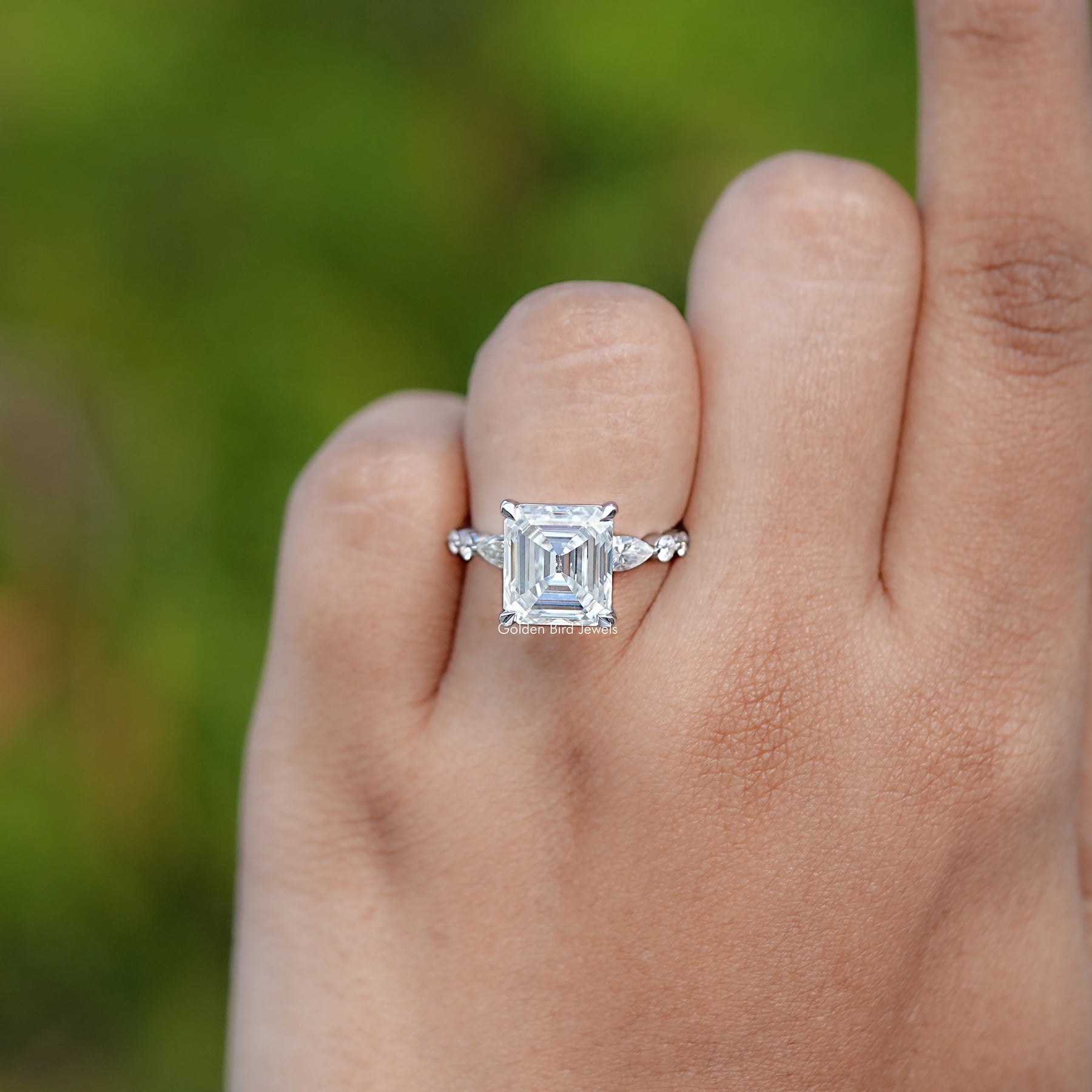 Colorless Old Mine Asscher Moissanite Accent Ring