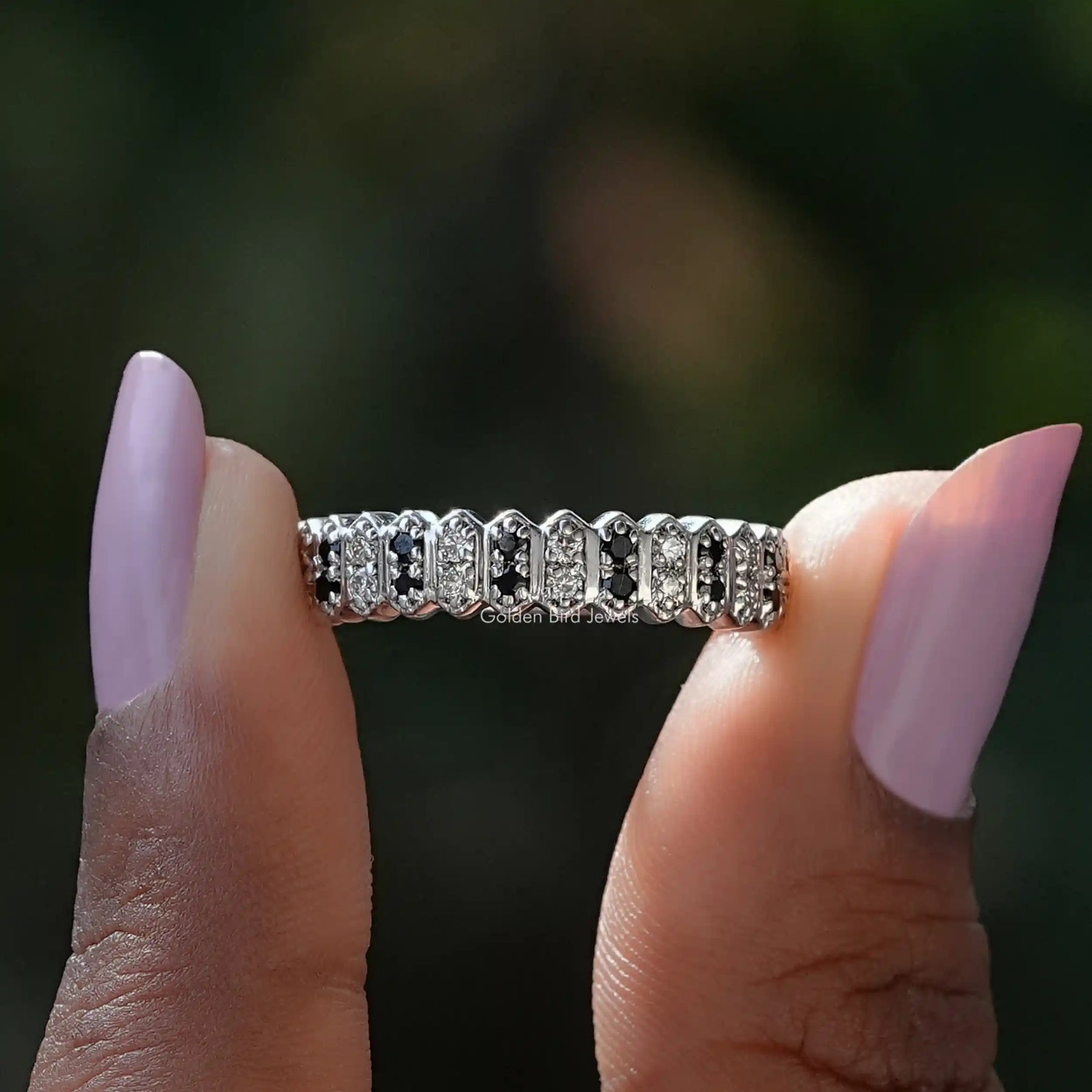 Front View of Round Cut Moissanite Half Eternity Wedding Band In two Fingers