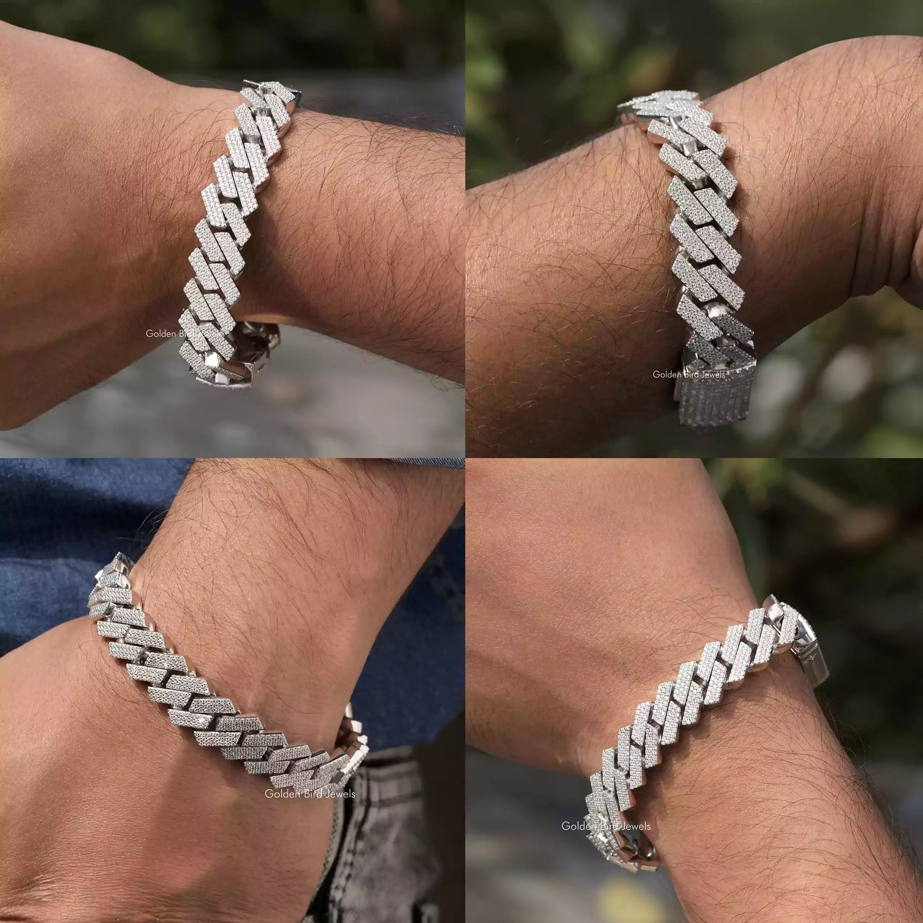 Front back side and close view of Miami Cuban styled moissanite bracelet