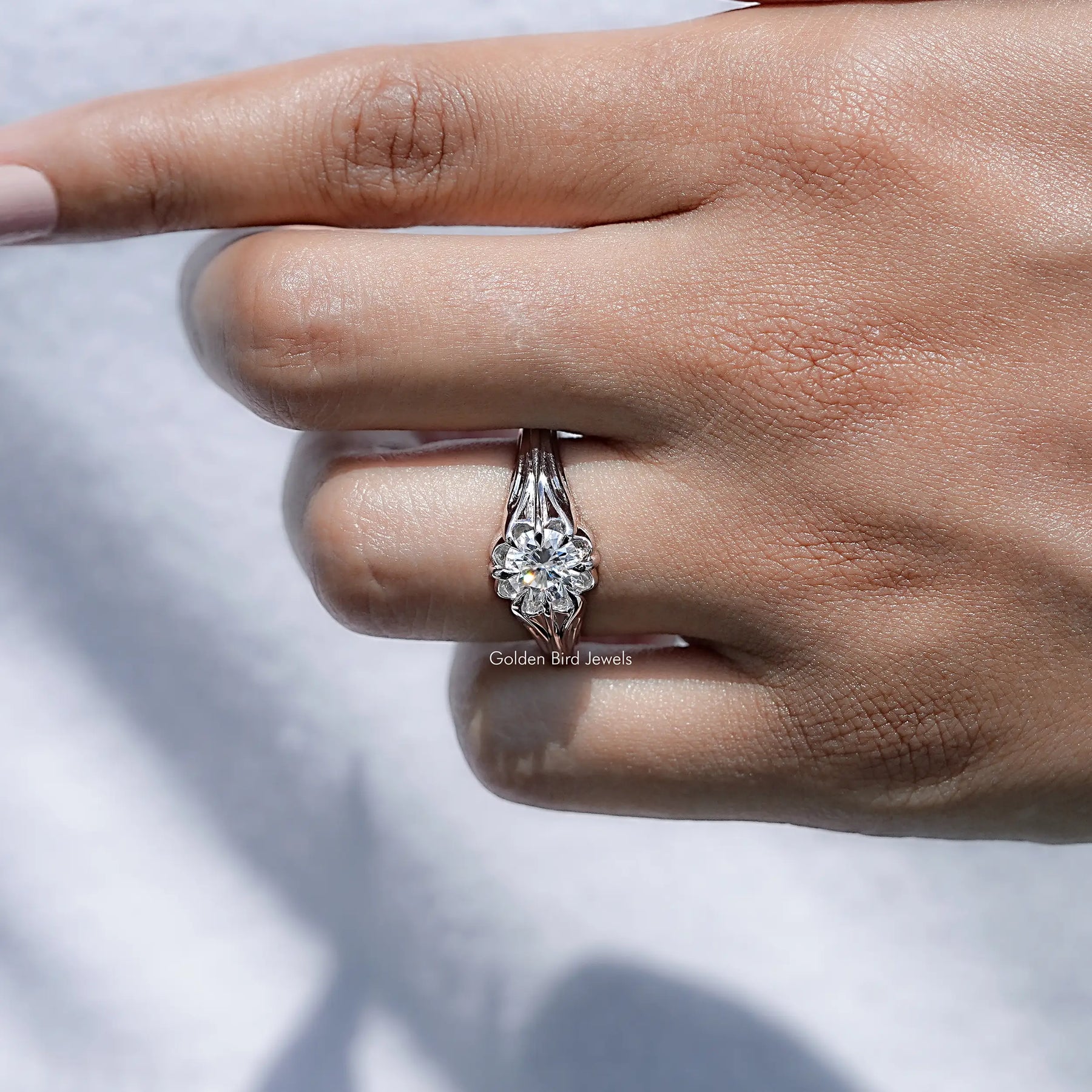Round Cut Colorless Moissanite Engagement Ring