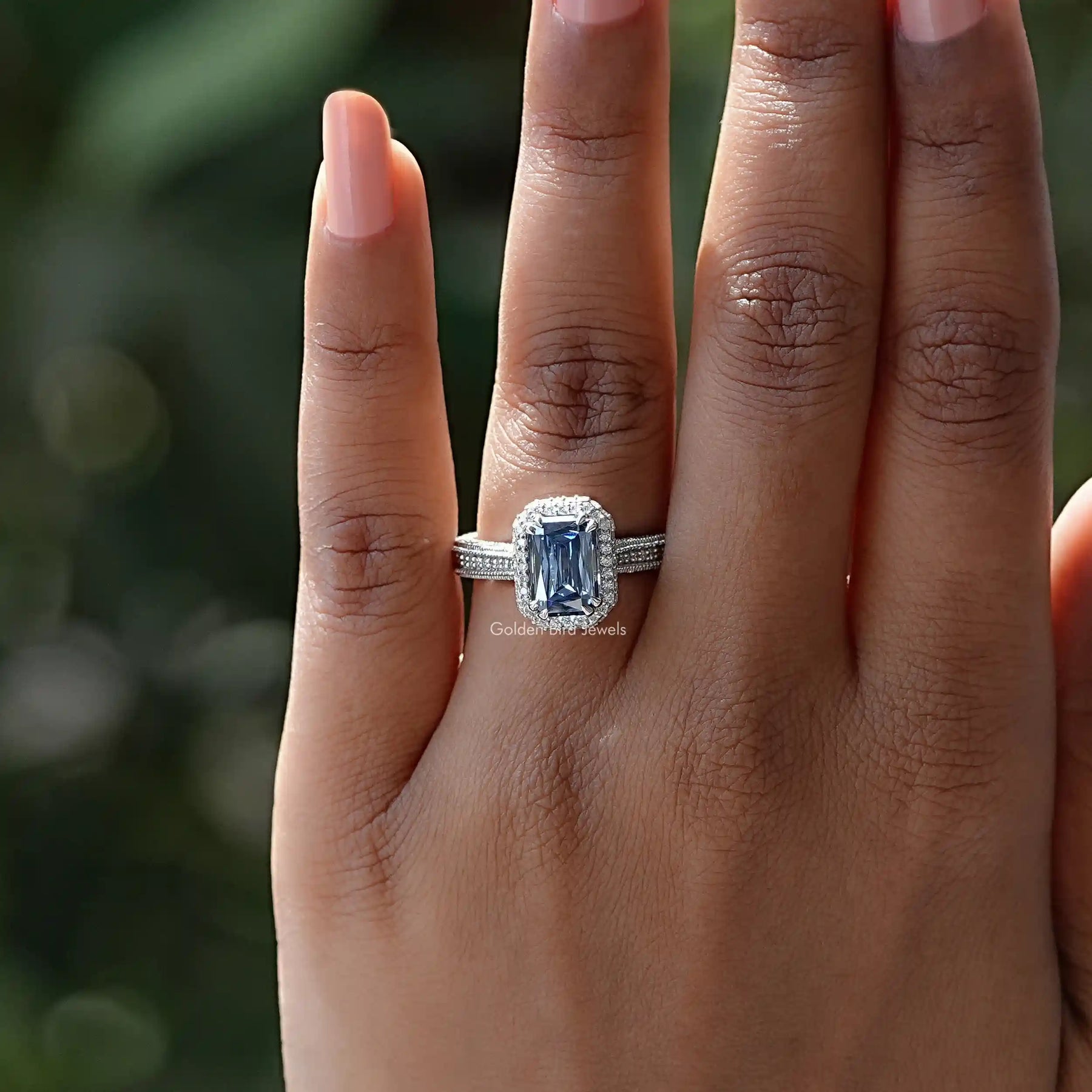 View of Criss Cut Moissanite Engagement Ring In White Gold