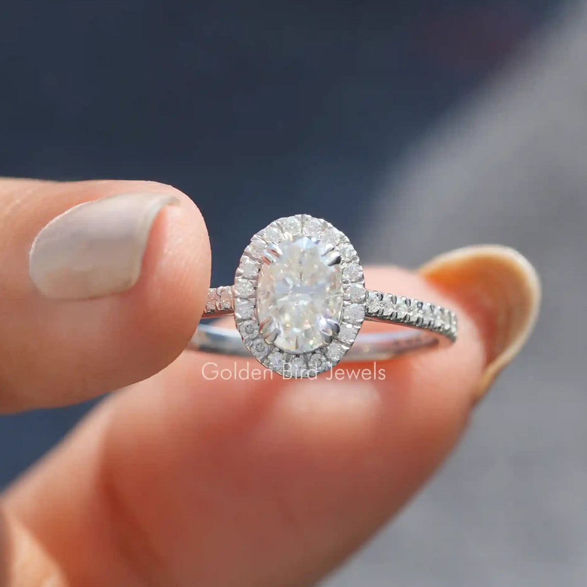 Crushed Ice Oval Moissanite Halo Accent Ring