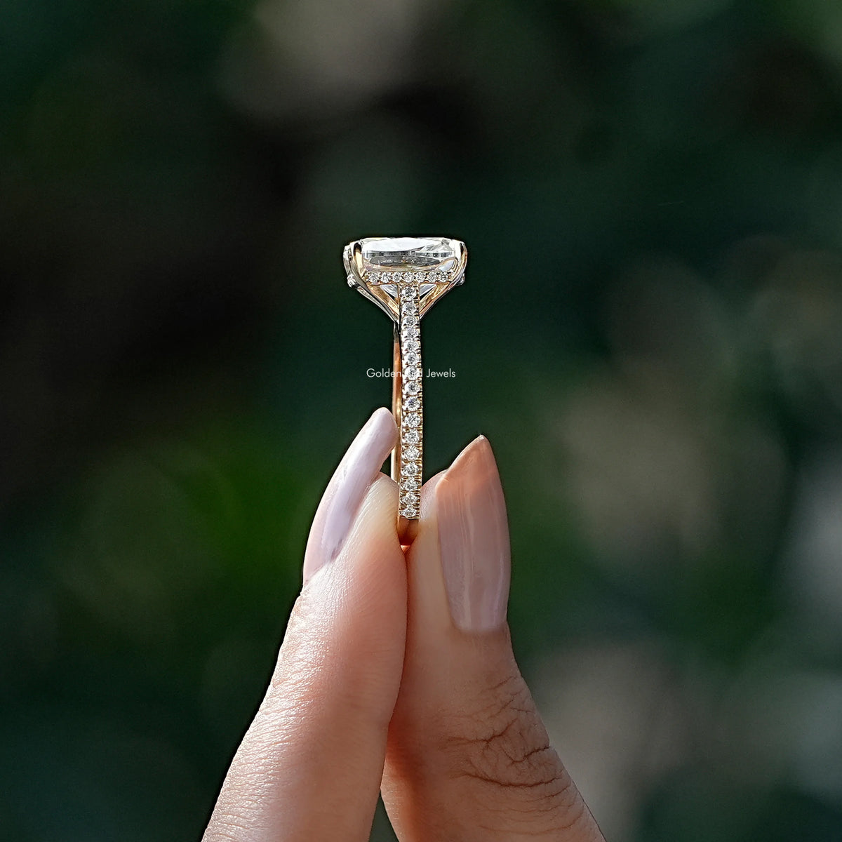 Side View of Engagement ring crafted in cushion cut moissanite