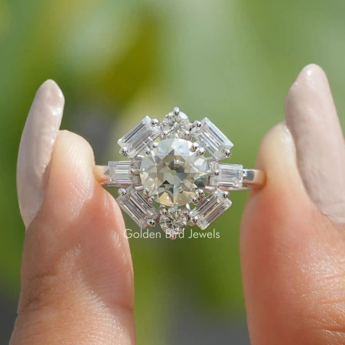 Old European Cut Round With Baguette Moissanite Ring