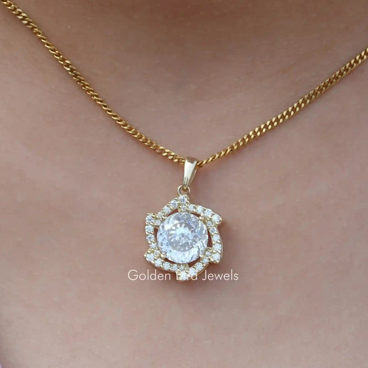 Portuguese Cut Moissanite Halo Pendant For Her