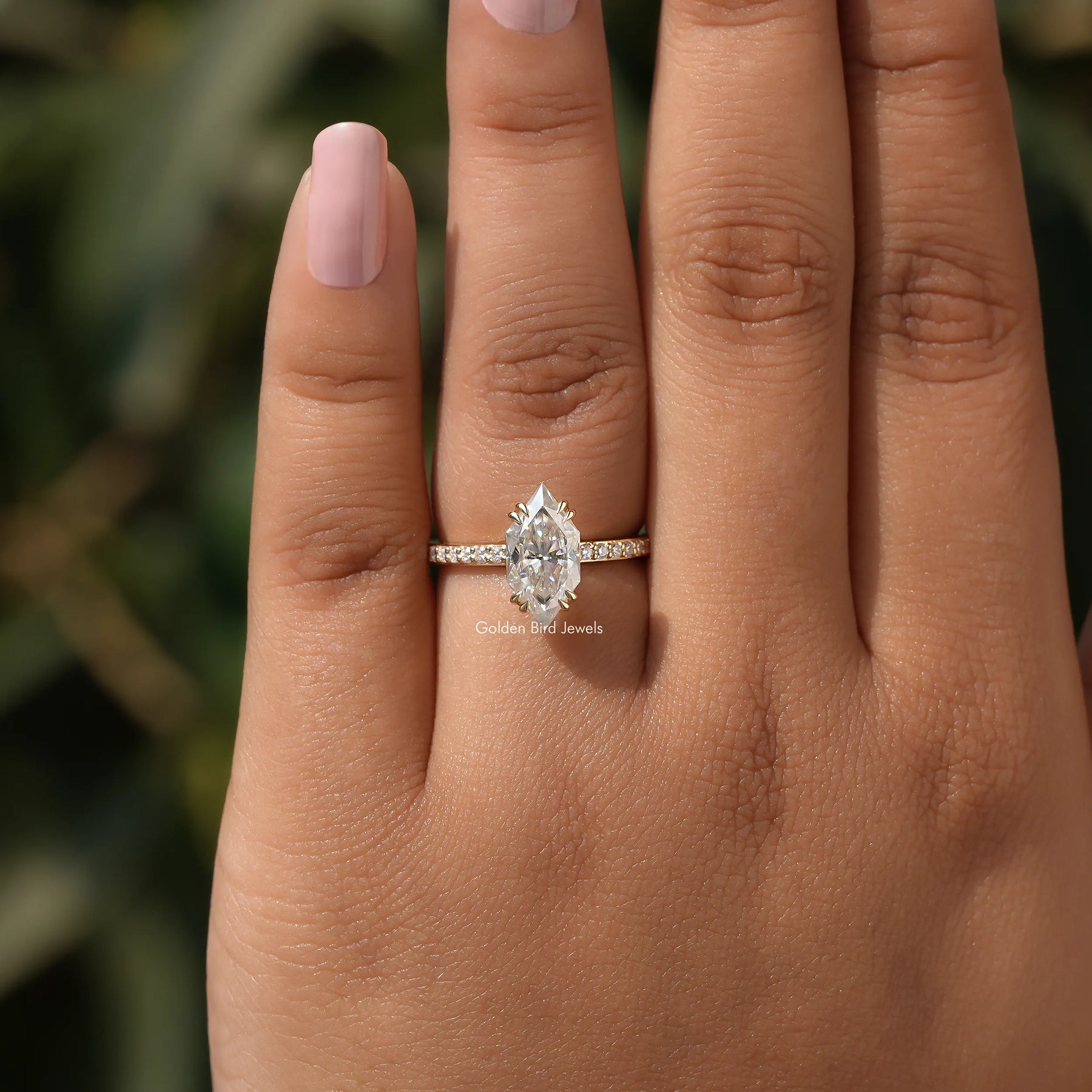 In Finger view of moissanite accent ring