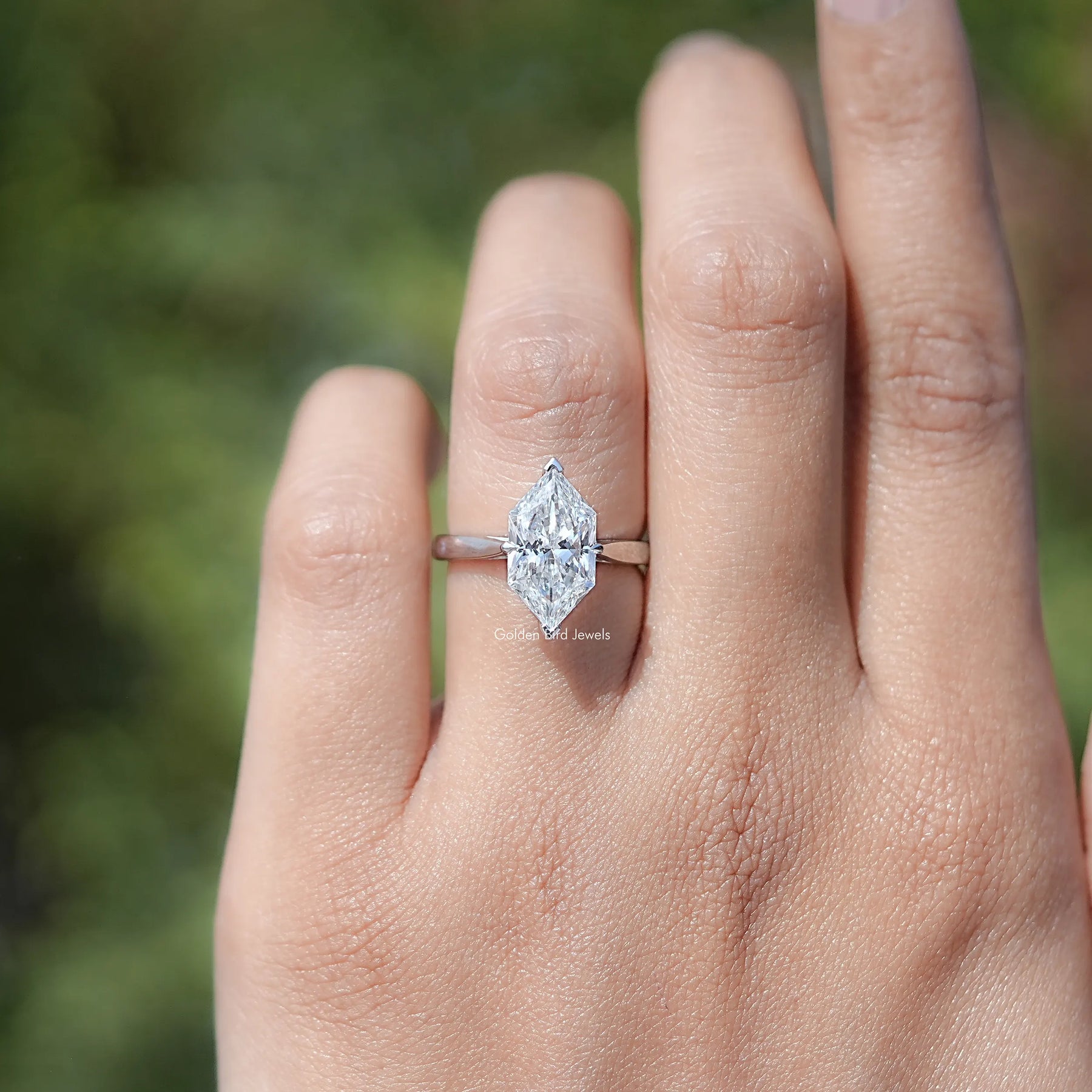 Top view of Dutch Marquise cut lab diamond ring