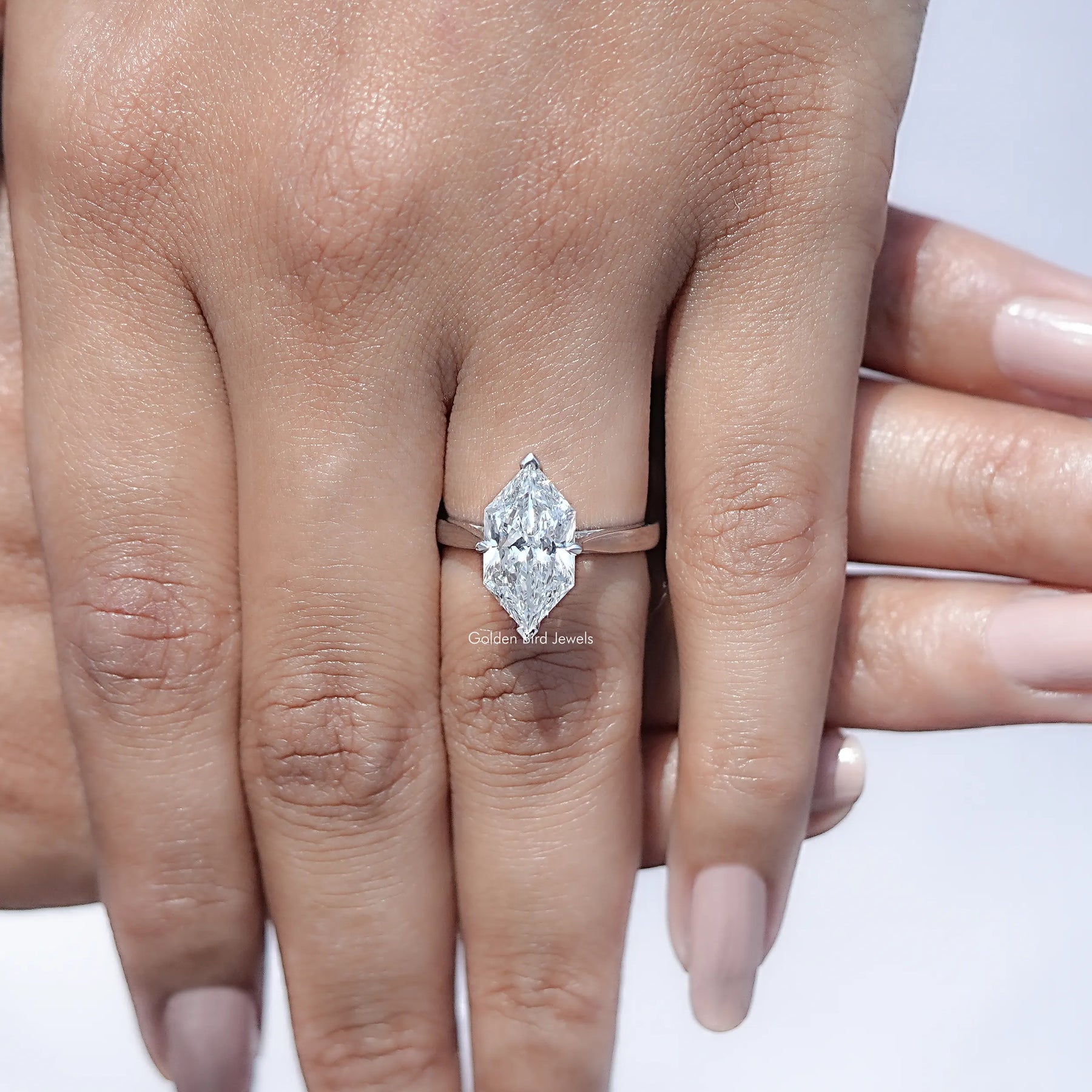 Detailed  View of Marquise Cut Diamond Solitaire Ring in  finger