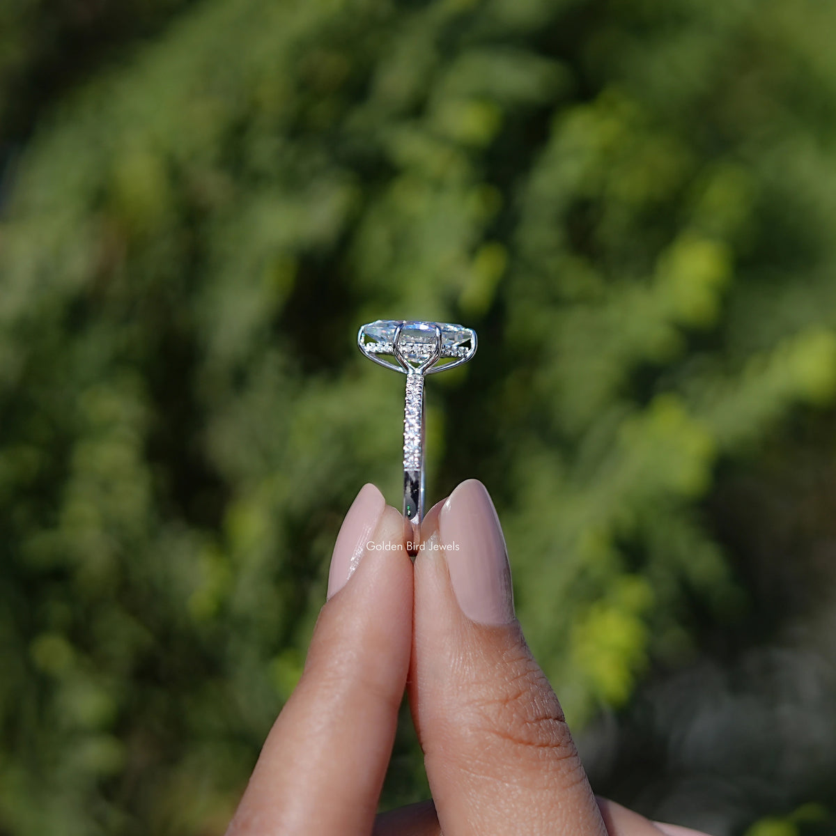 Side View of Dutch Marquise Moissanite Hidden Halo Accent Ring
