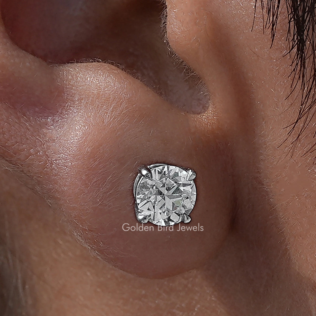 Close Up View Of Old European Round Cut Diamond Solitaire Stud Earrings