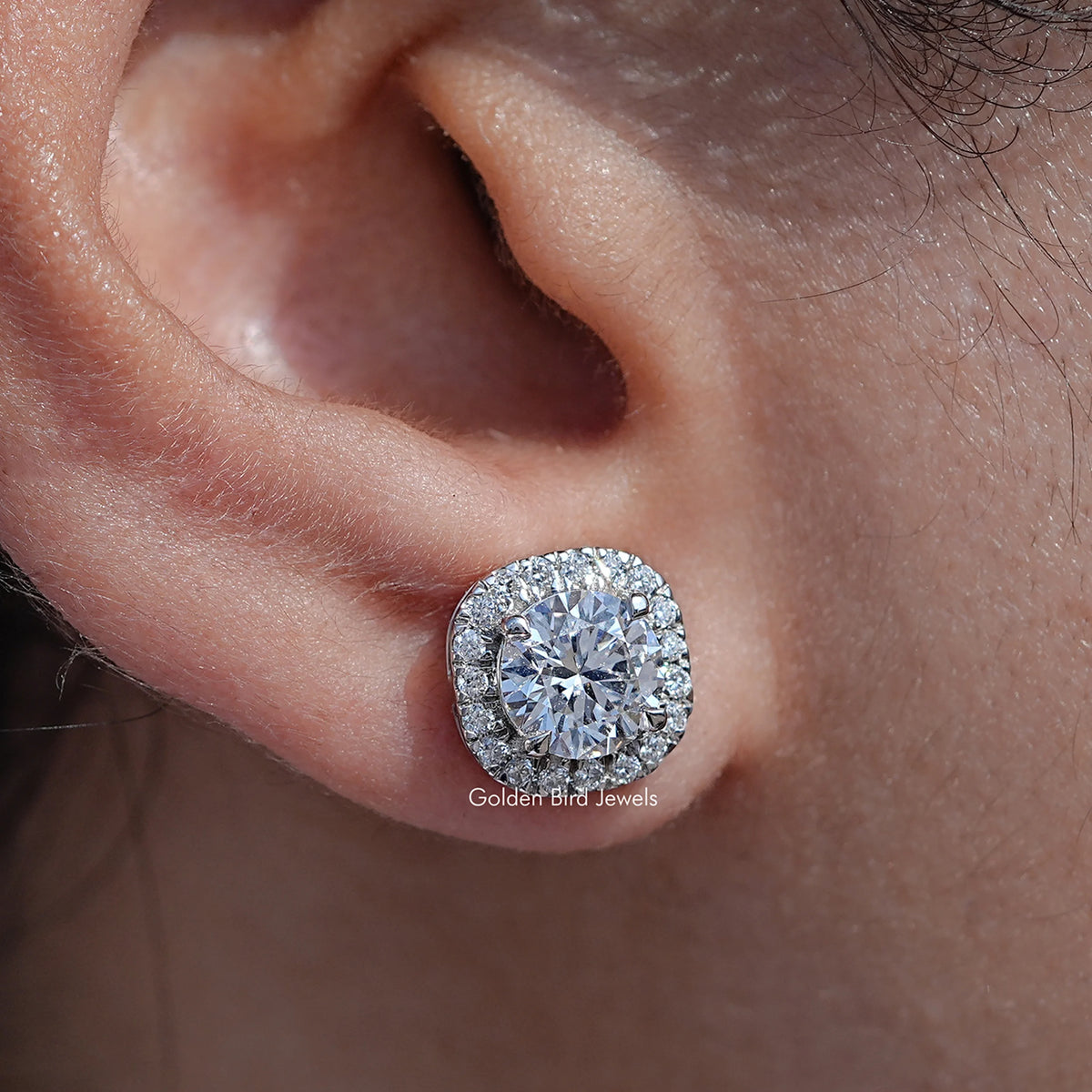 Close up view of Round Cut Halo Lab Diamond Stud Earrings