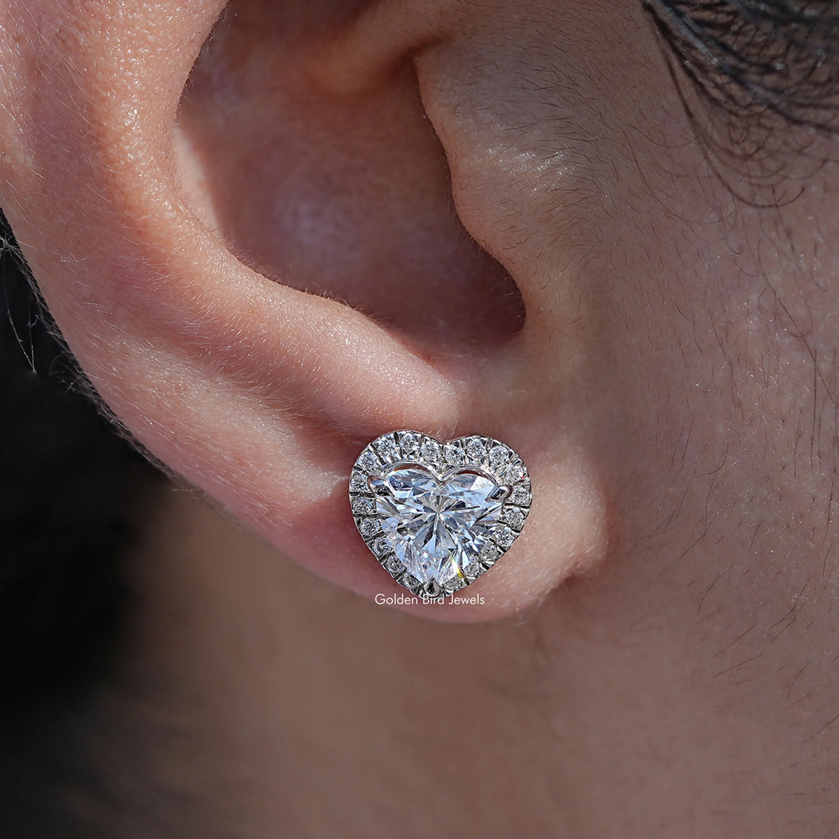 close up view of Heart Cut Lab Diamond Halo Stud Earrings