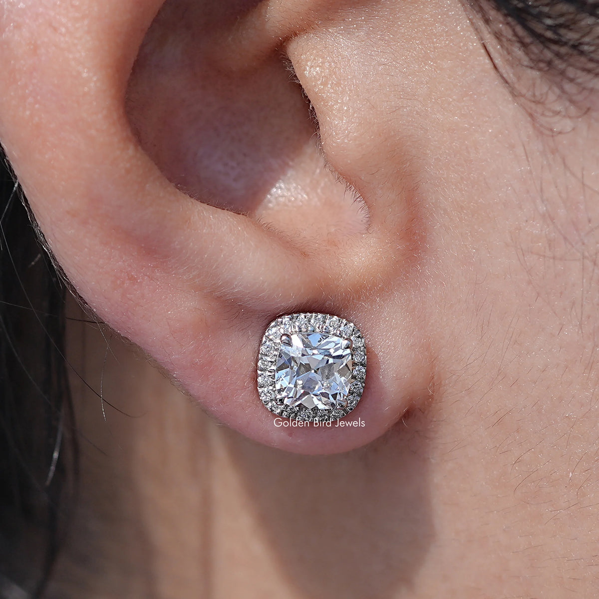 close up view of Square Old Mine Cushion Diamond Halo Stud Earrings