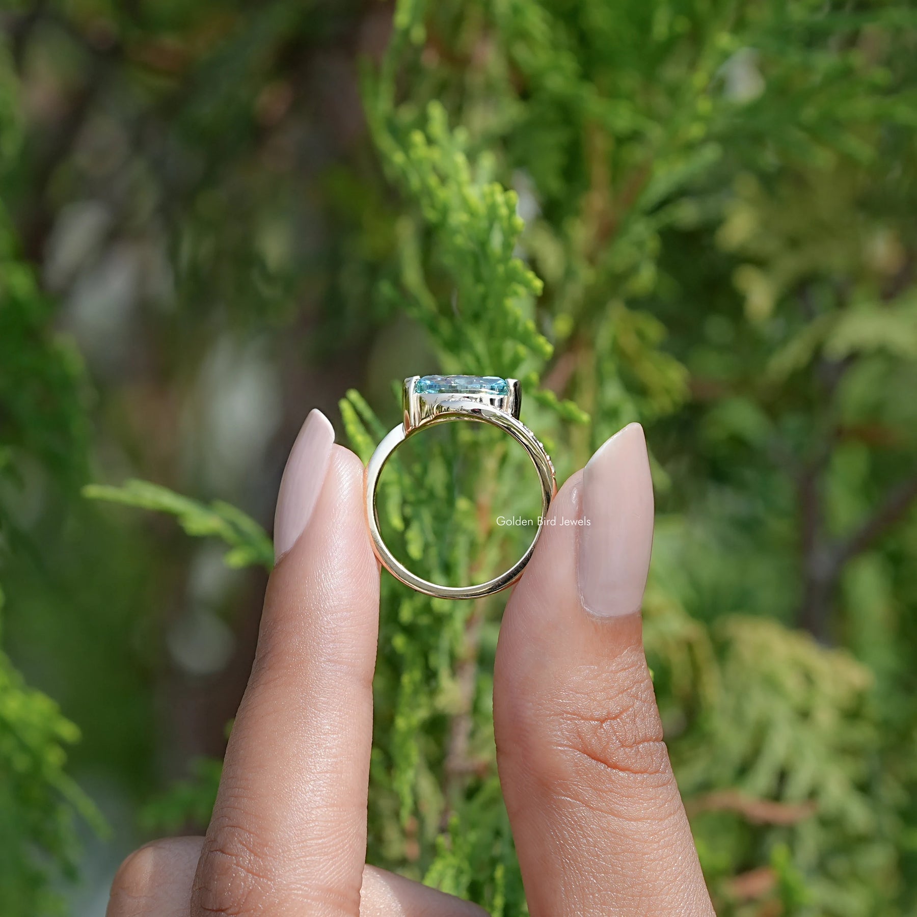 Back view of East West Blue Marquise Moissanite Bypass Ring