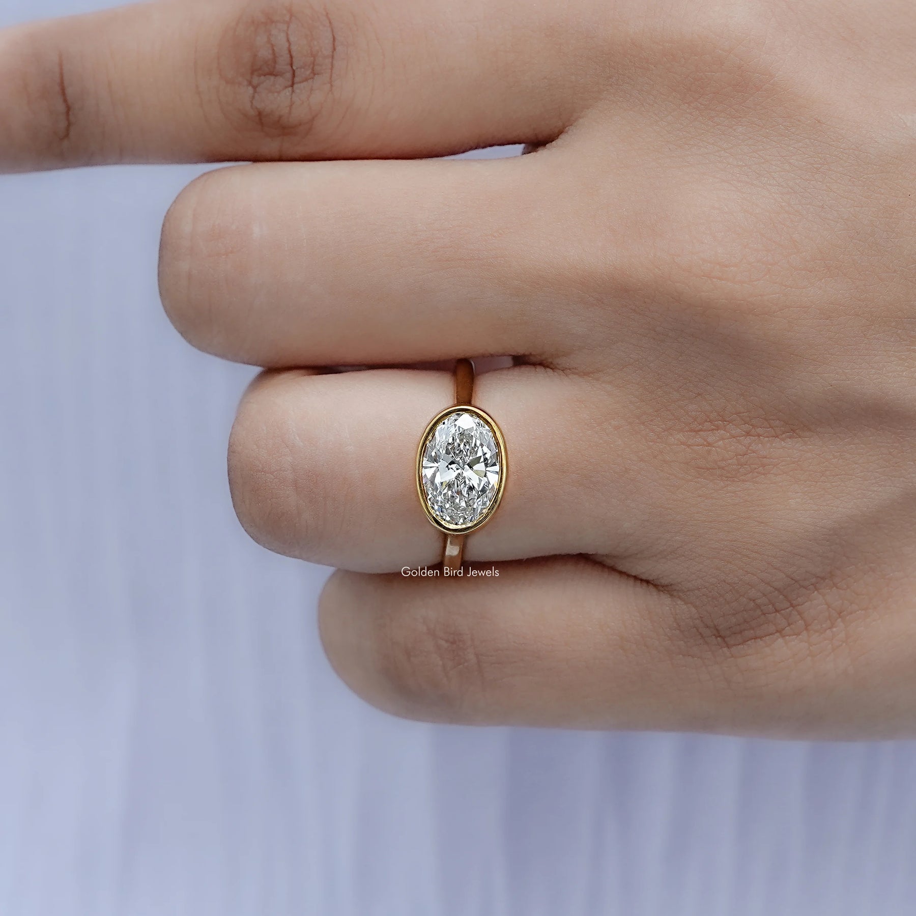 East West Oval Cut Lab Diamond Bezel Set Ring