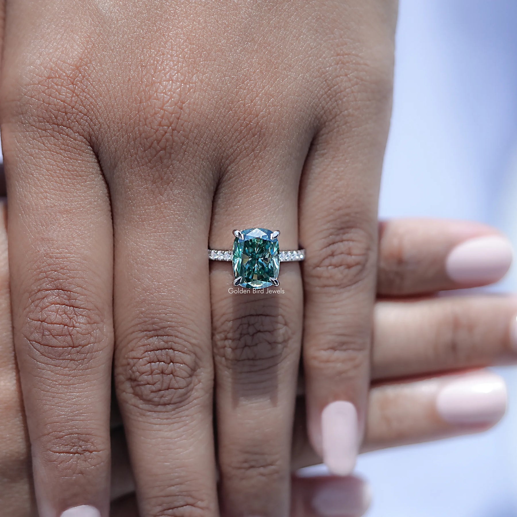 Elongated Cushion Cut Moissanite Hidden Halo Ring