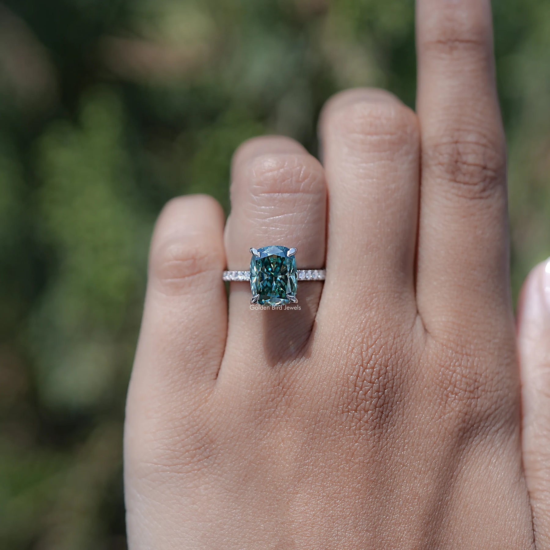 Elongated Cushion Cut Moissanite Hidden Halo Ring