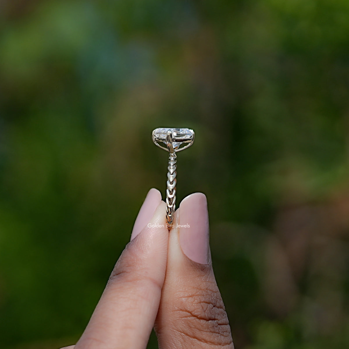 Side View of Engagement ring crafted With Cushion Cut moissanite